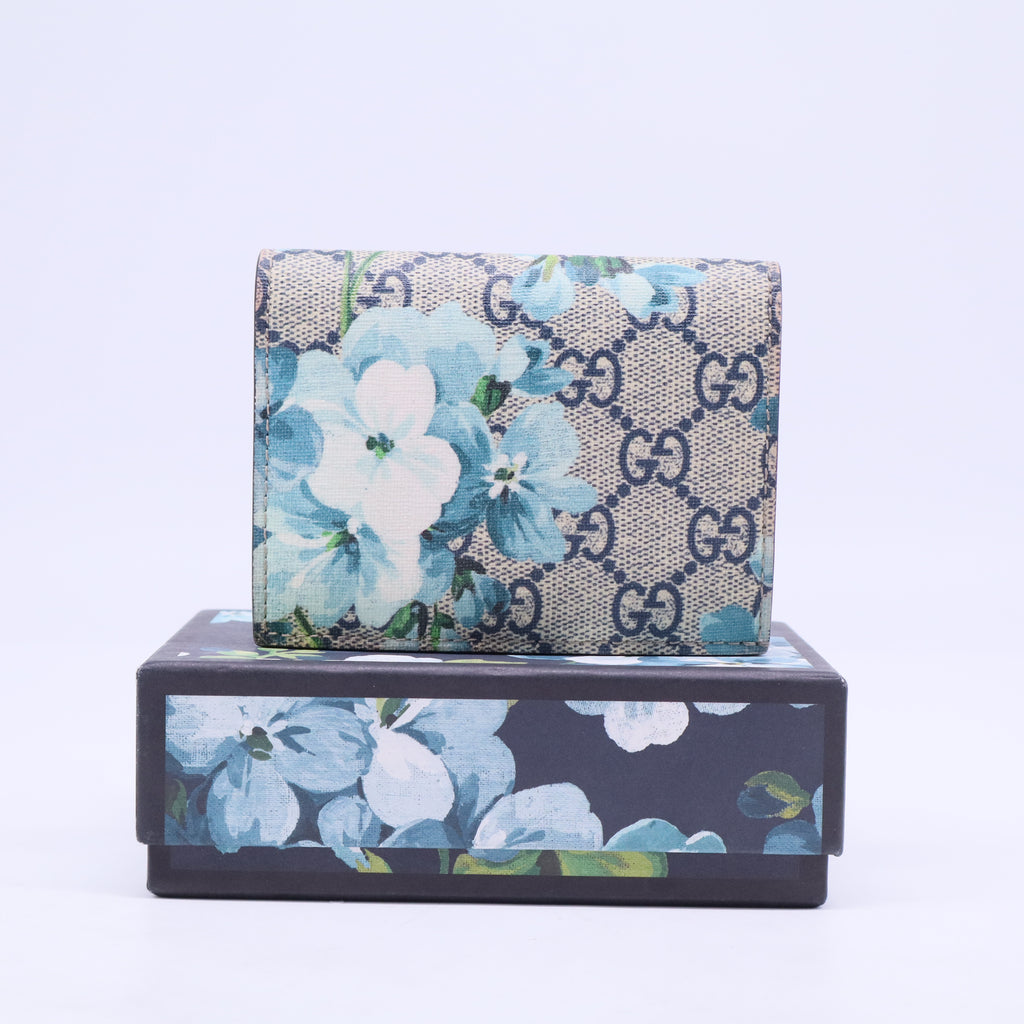Beige Blue GG Blooms Coated Canvas Card Case Wallet W20486