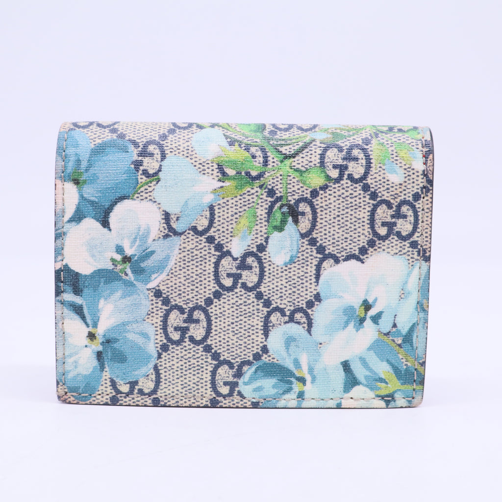 Beige Blue GG Blooms Coated Canvas Card Case Wallet W20486