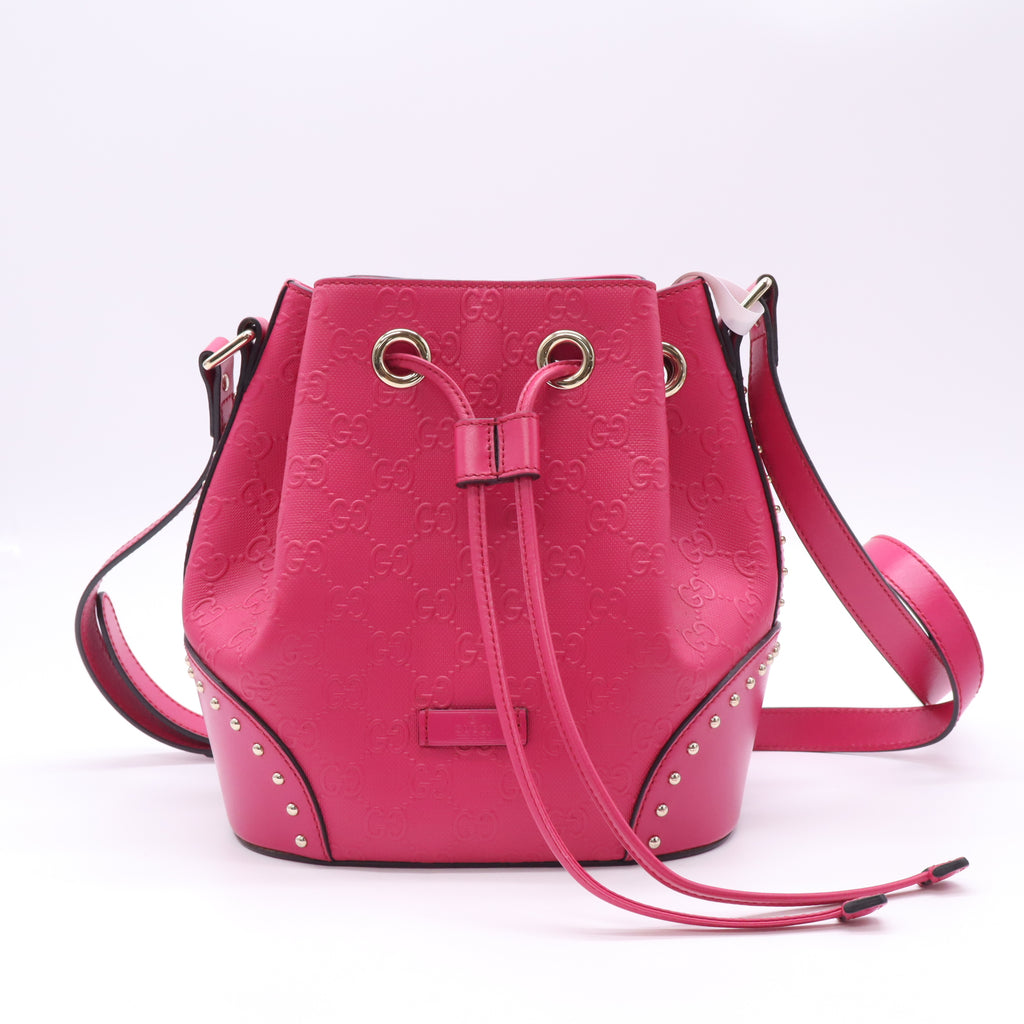 Gucci Hot Pink Diamante Textured Leather Hilary Medium Bucket Bag twins B23560
