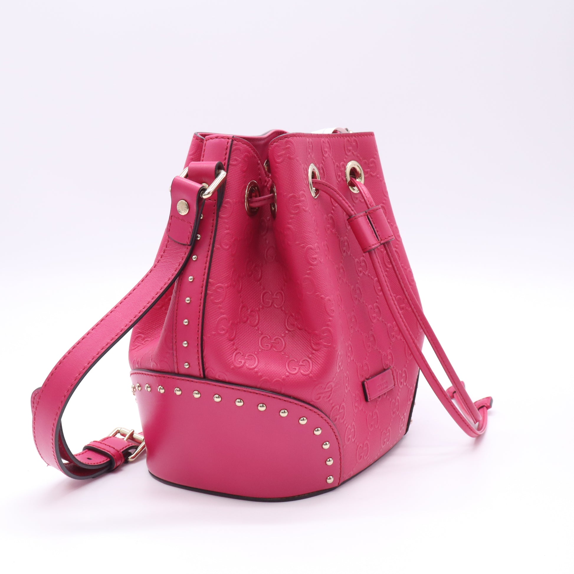 Gucci Hot Pink Diamante Textured Leather Hilary Medium Bucket Bag twins B23560