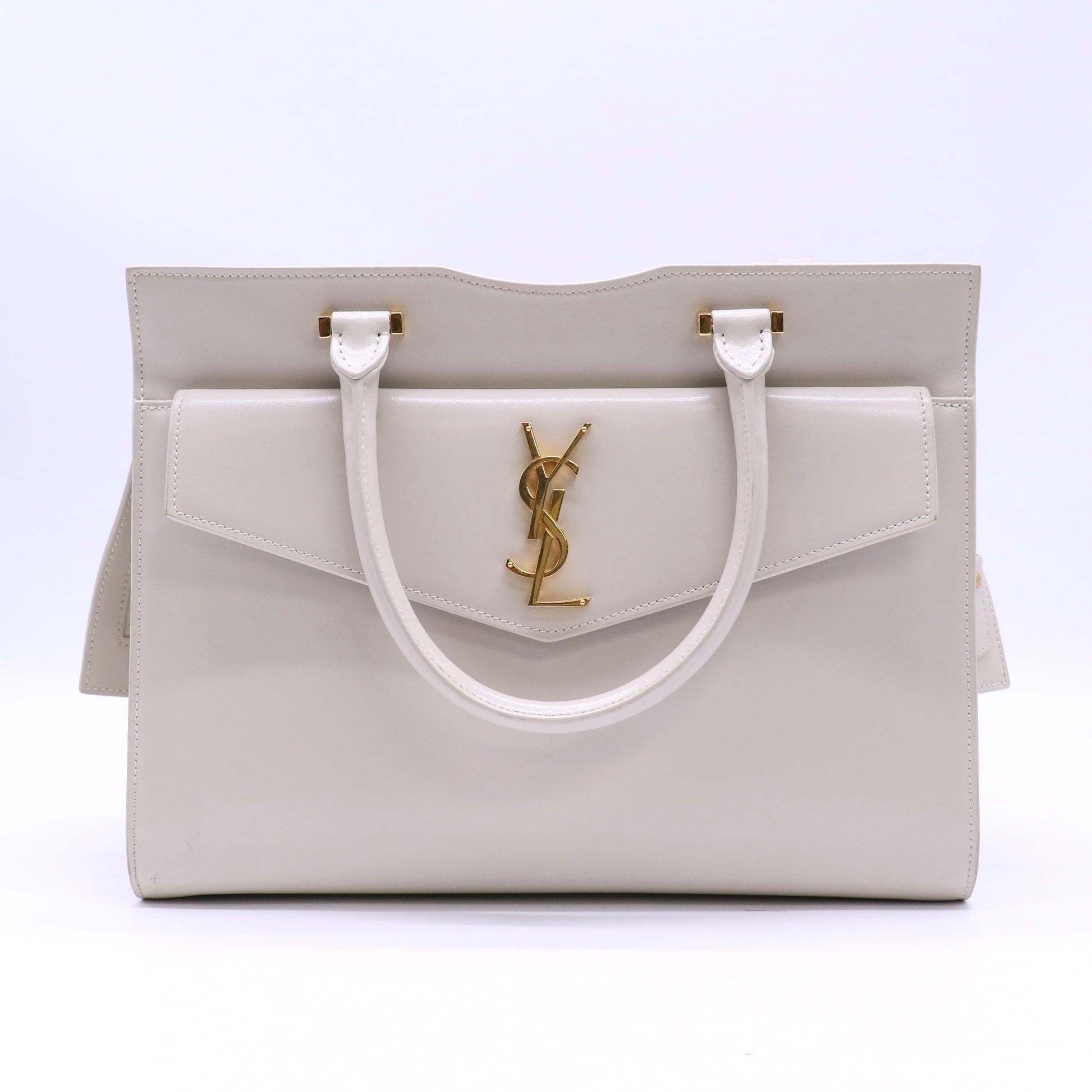 Saint Laurent Shiny Calfskin Medium Uptown Tote White Twins LDJ4563