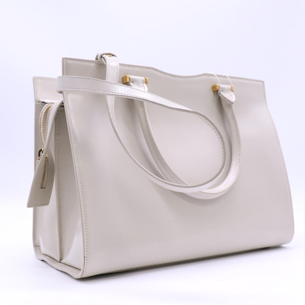 Saint Laurent Shiny Calfskin Medium Uptown Tote White Twins LDJ4563