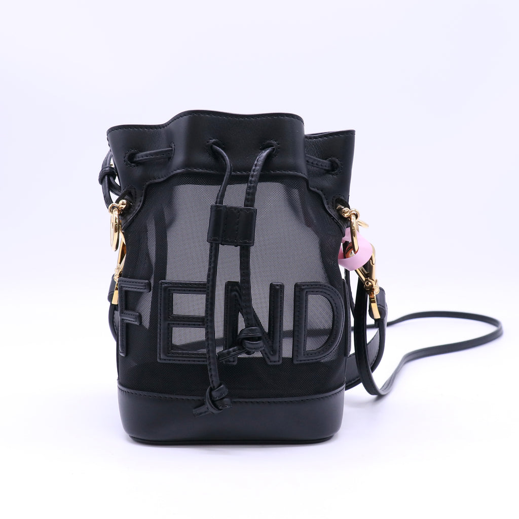 Fendi Mesh Vitello King F is FeFENDI Logo Embroidered Mini Mon Tresor Bucket Bag Black Twins LDJ4560