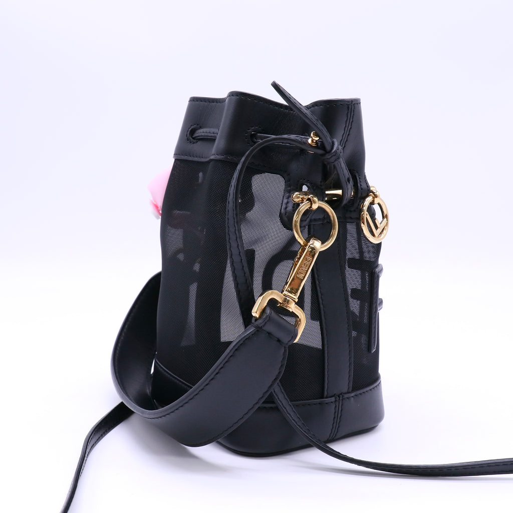 Fendi Mesh Vitello King F is FeFENDI Logo Embroidered Mini Mon Tresor Bucket Bag Black Twins LDJ4560