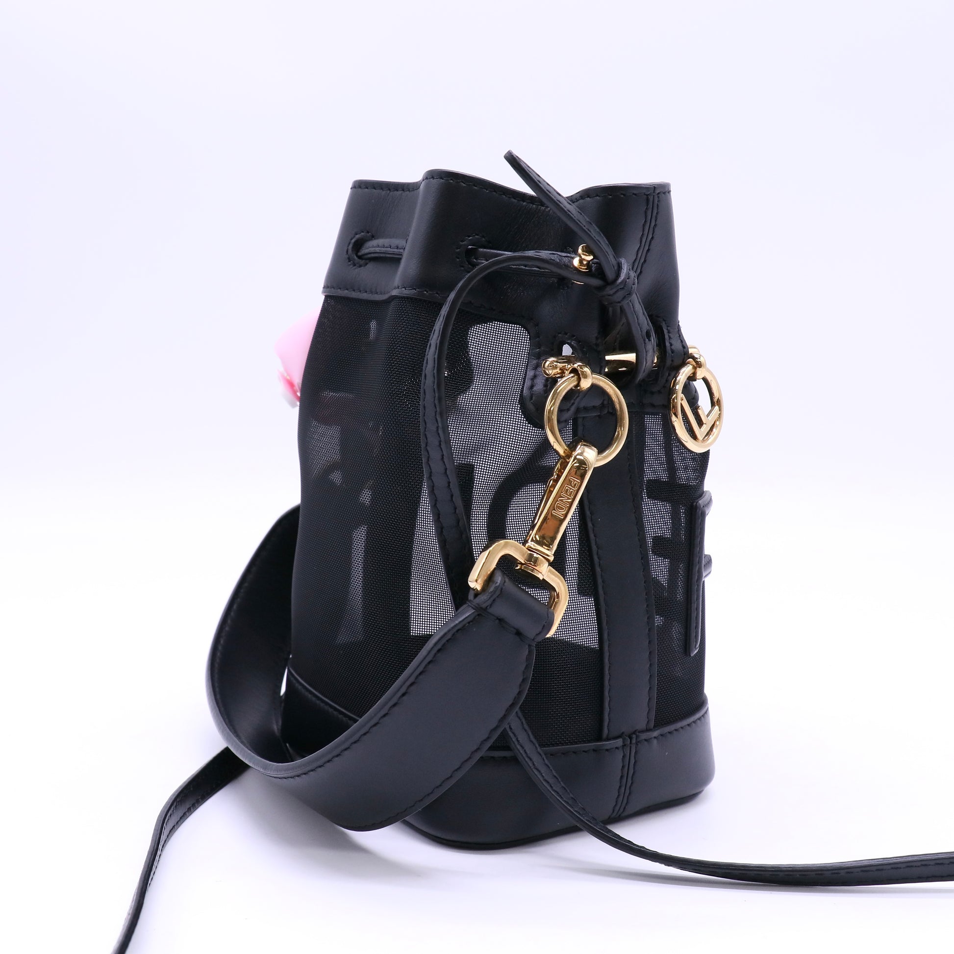 Fendi Mesh Vitello King F is FeFENDI Logo Embroidered Mini Mon Tresor Bucket Bag Black Twins LDJ4560