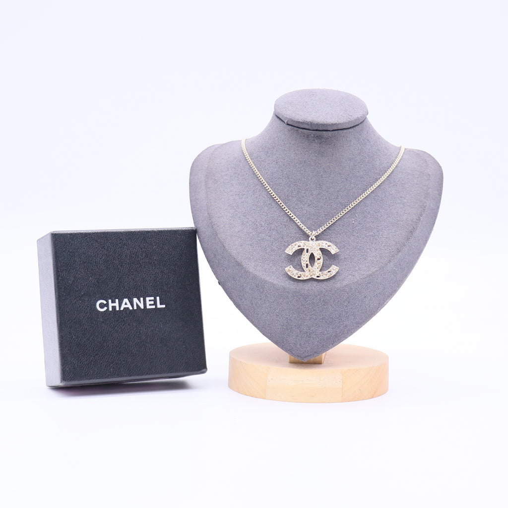 Chanel Crystal CC Pendant Necklace Silver twins W20836