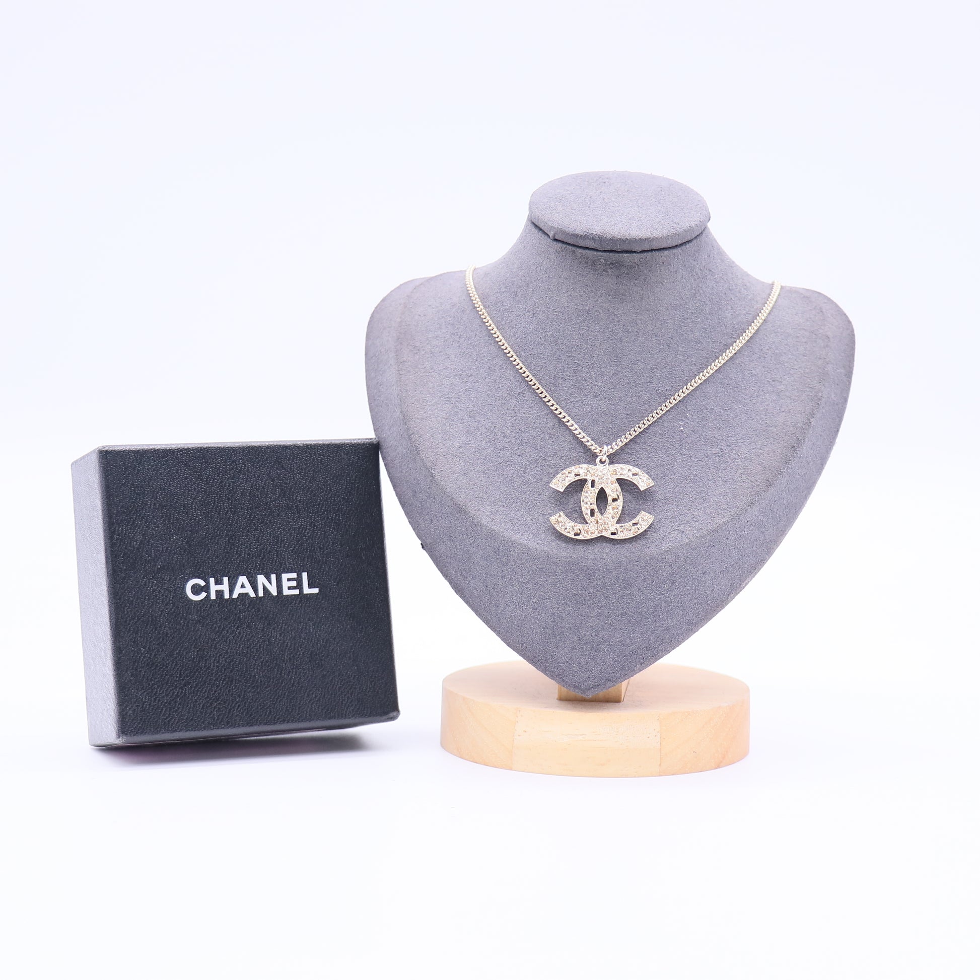 Chanel Crystal CC Pendant Necklace Silver twins W20836