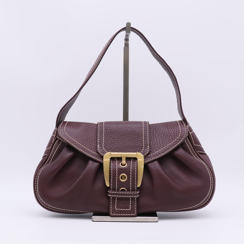 Celine Vintage Stitched Leather Buckle Shoulder Bag B23626
