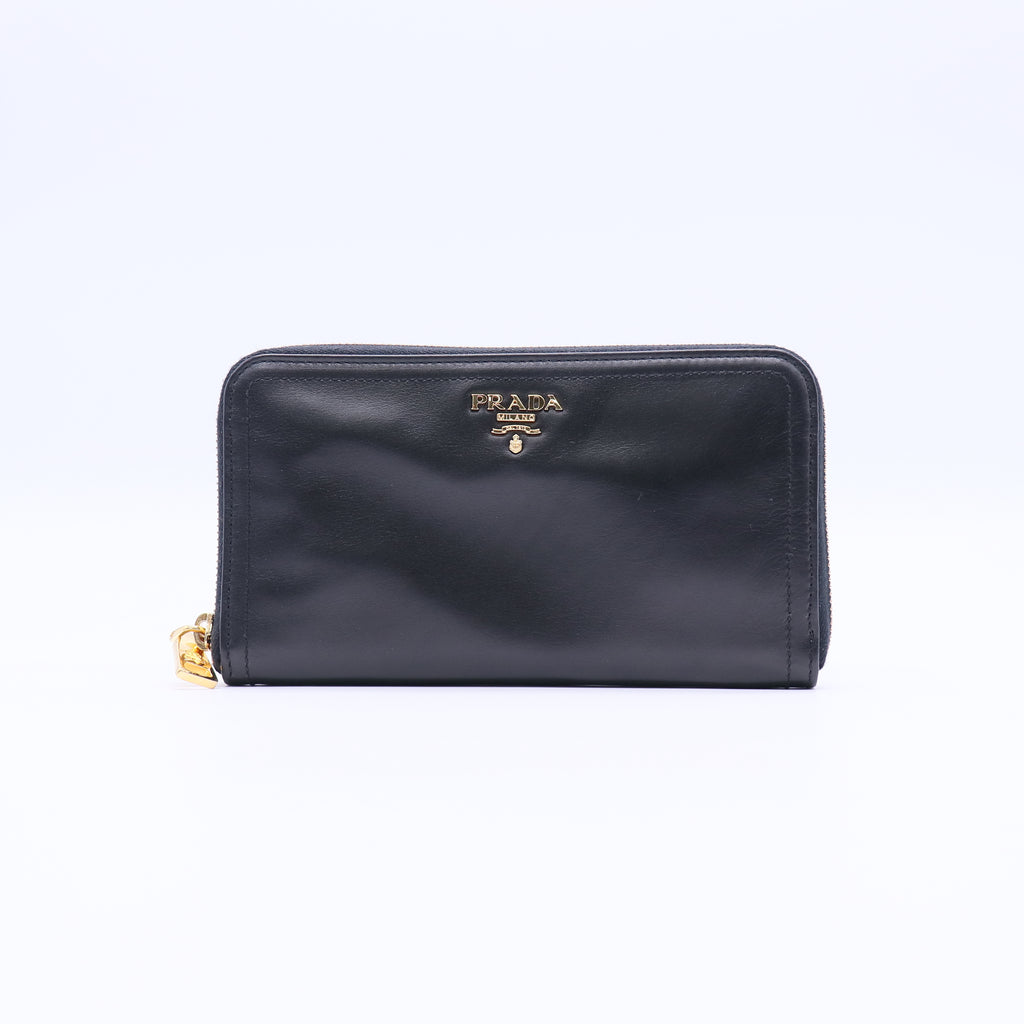 Prada Black Saffiano Metal Leather Zip Wallet twins W20898
