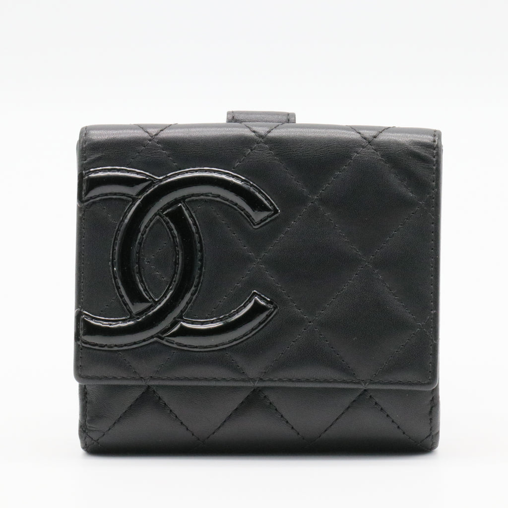 Calfskin Quilted Cambon Flap Wallet Black twins