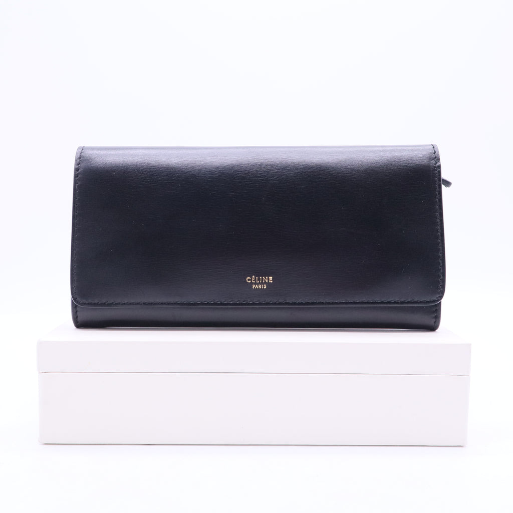 Celine Black Leather Logo Flap Continental Wallet