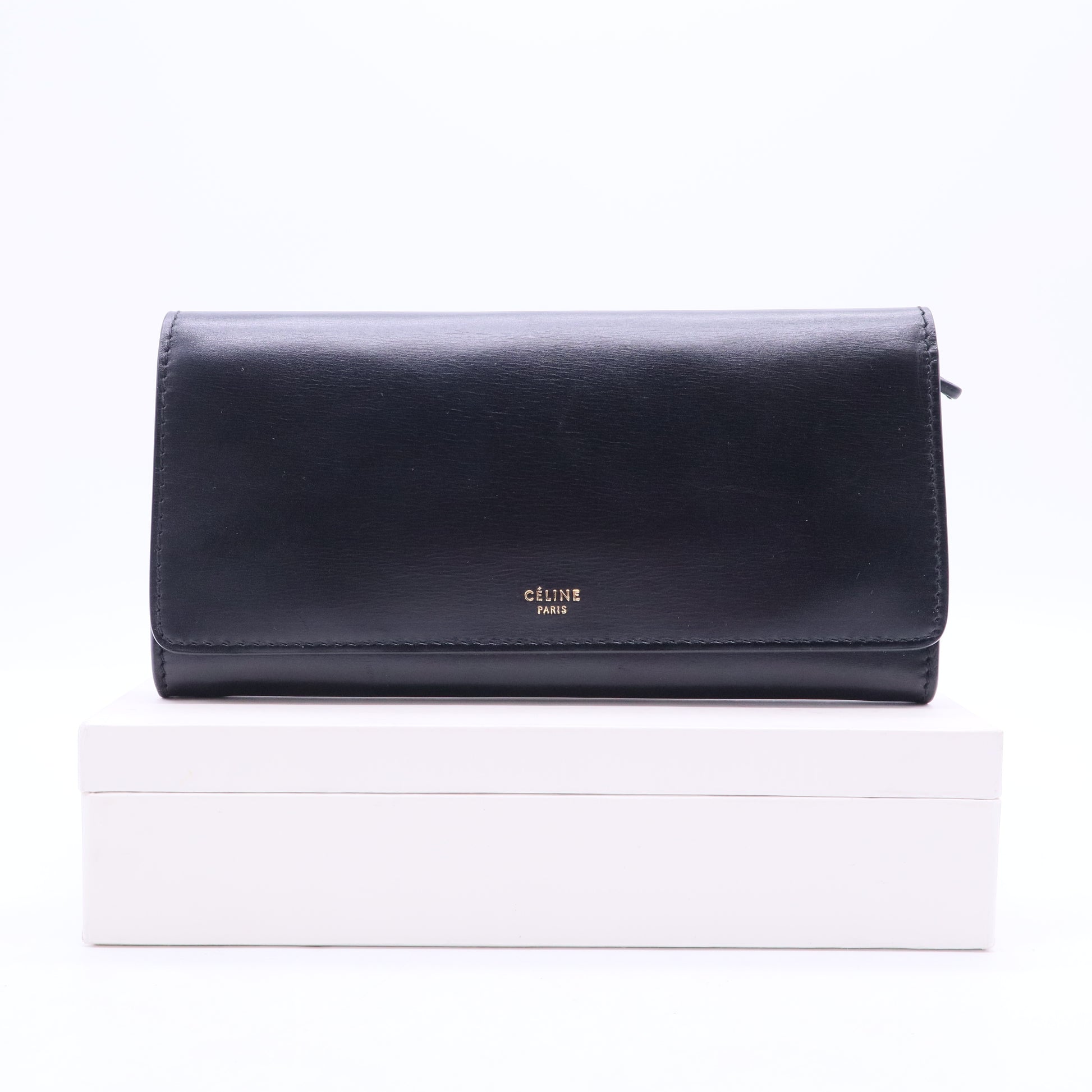 Celine Black Leather Logo Flap Continental Wallet