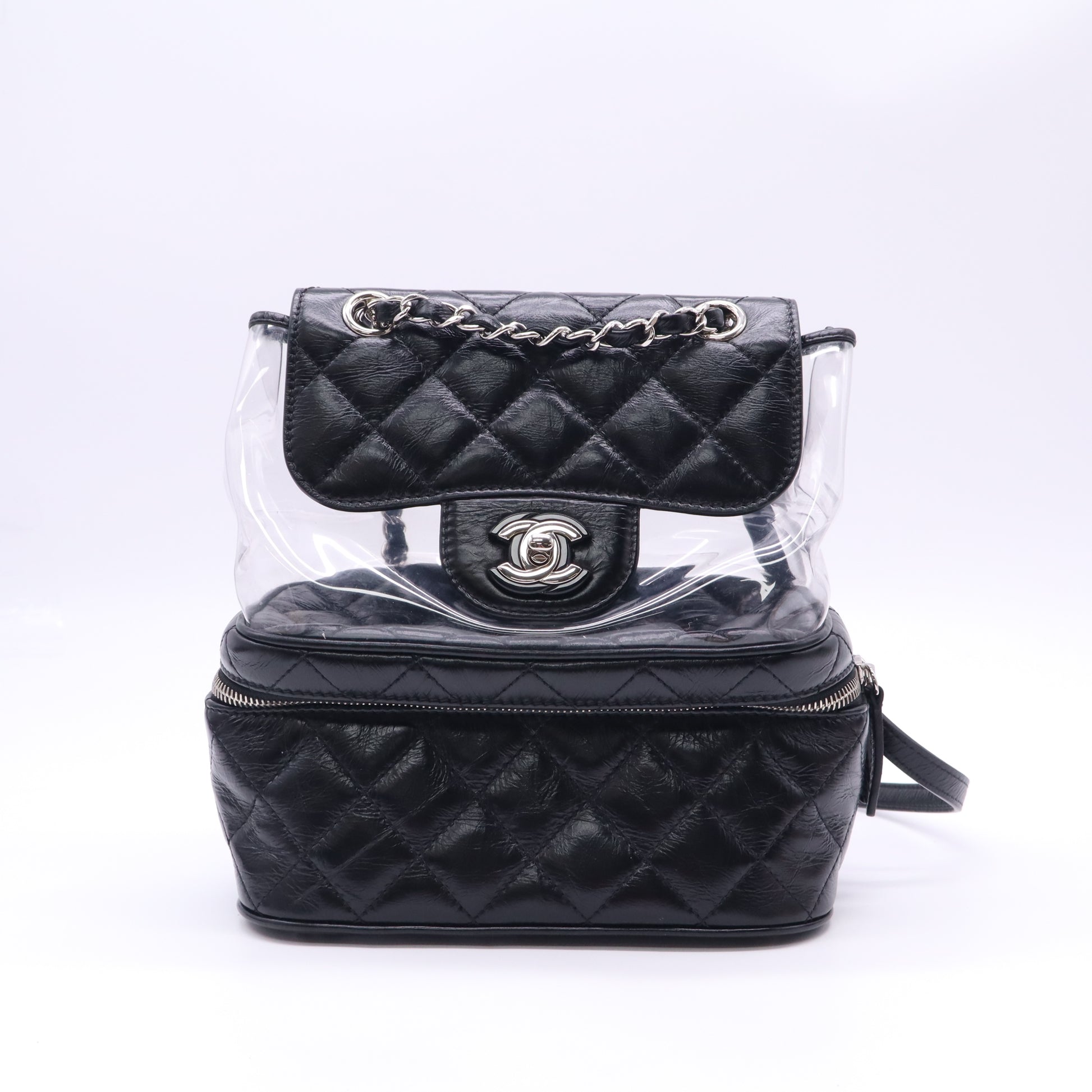 Chanel Quilted Crumpled Calfskin and Transparent PVC Aquarium Vanity Flap Backpack B23748