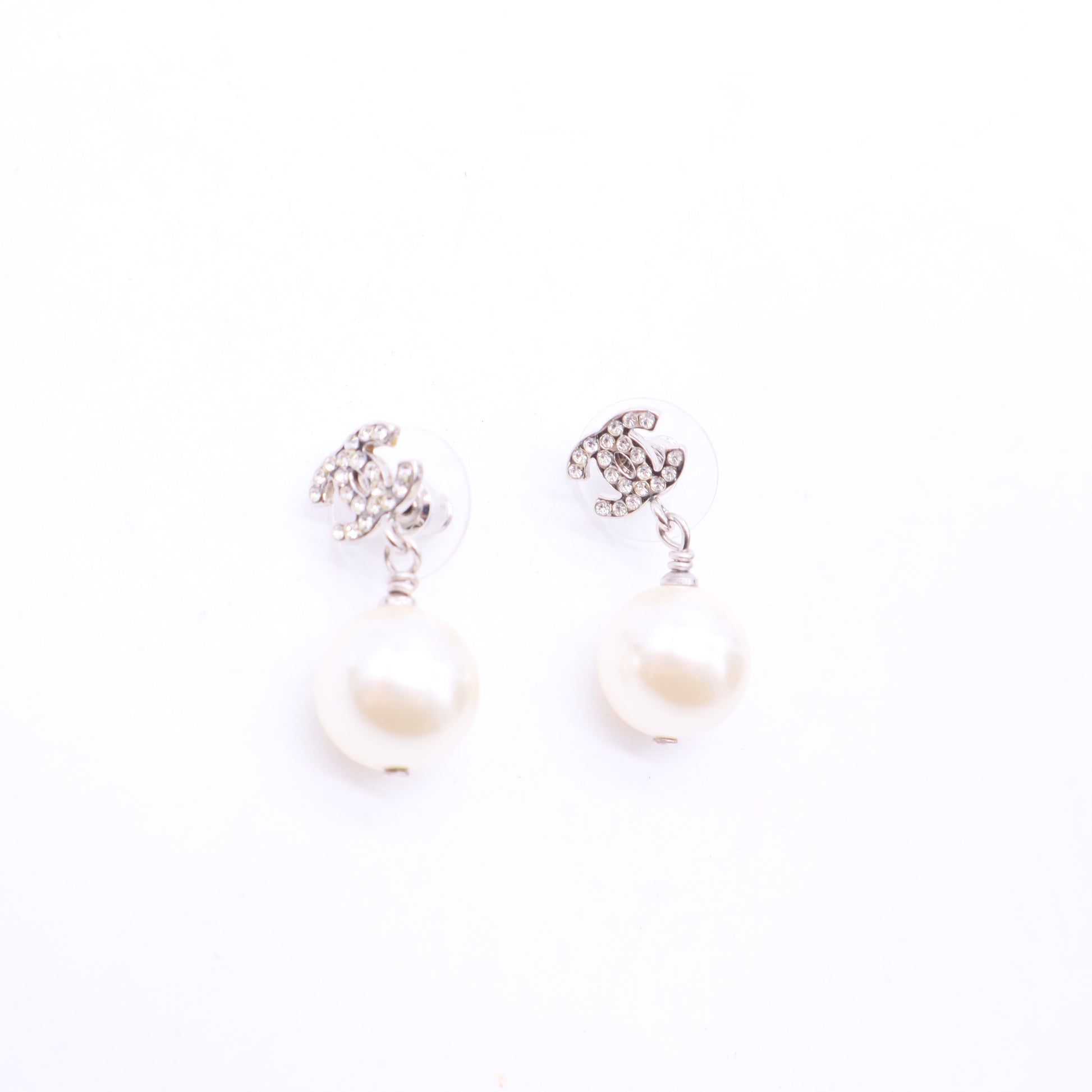 Crystal Pearl CC Drop Earrings Silver Pearly White