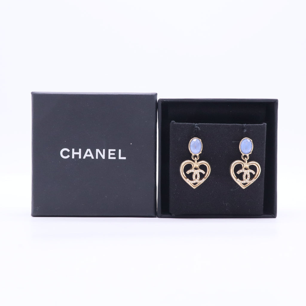 Blue and Clear Strass CC Heart Gold Metal Earrings