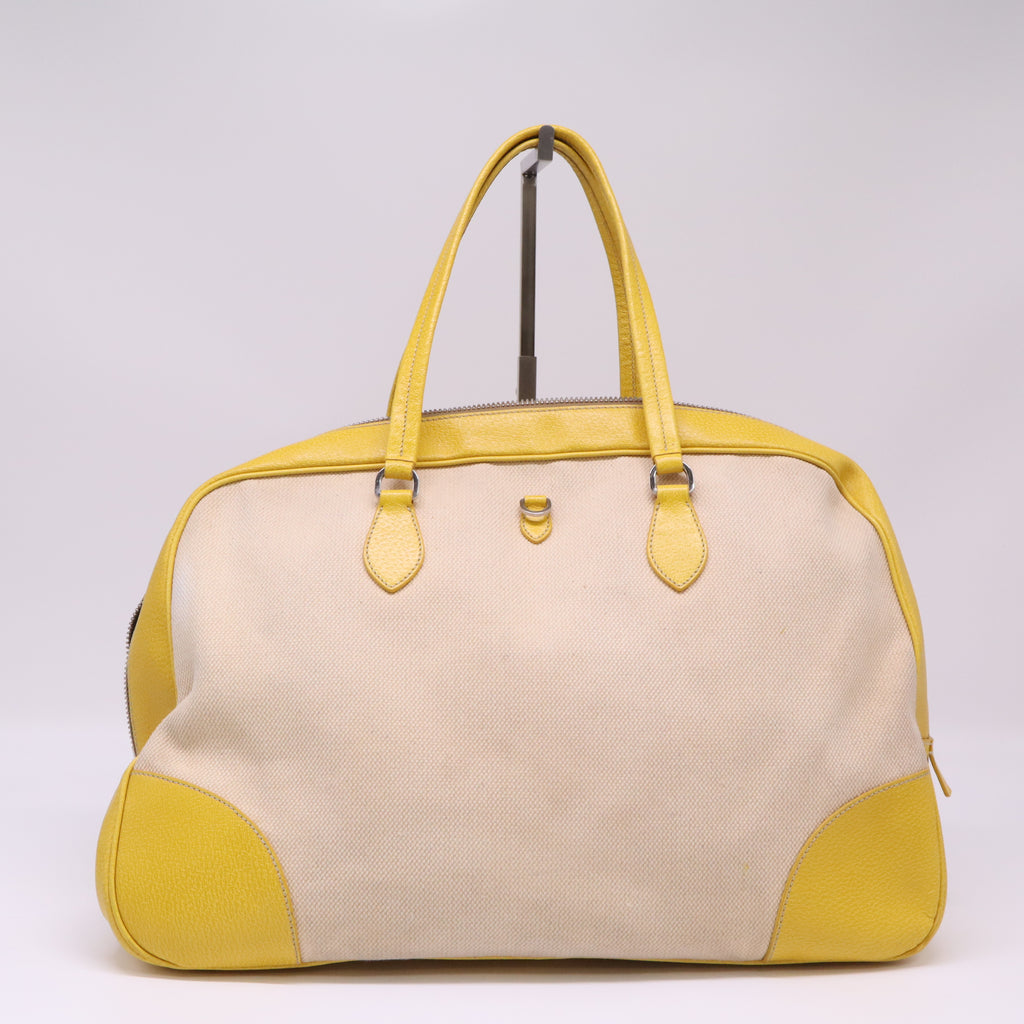 Prada Bowling bag in beige canvas with lemon yellow leather