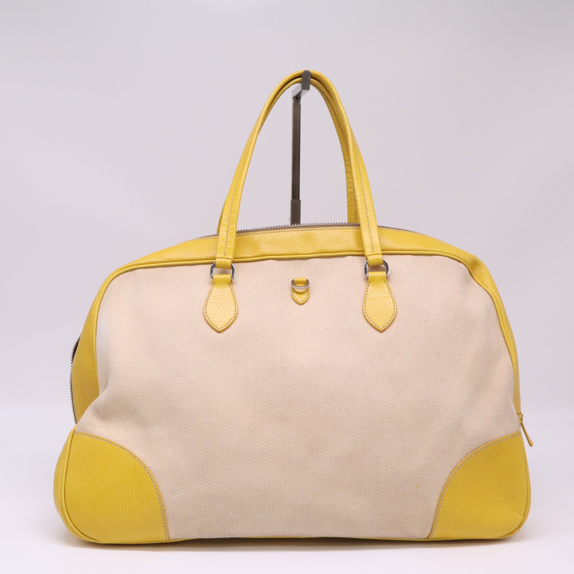 Prada Bowling bag in beige canvas with lemon yellow leather