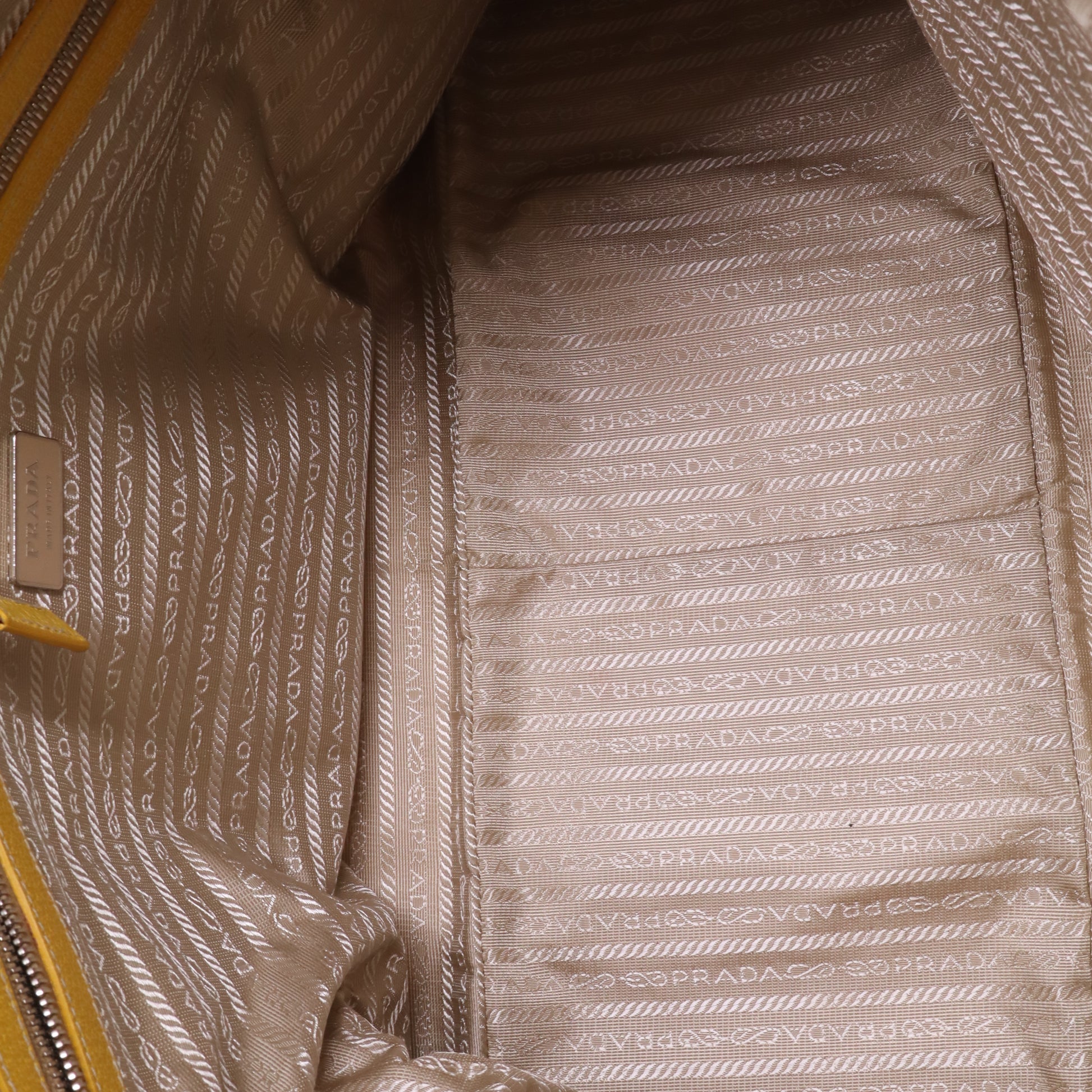 Prada Bowling bag in beige canvas with lemon yellow leather