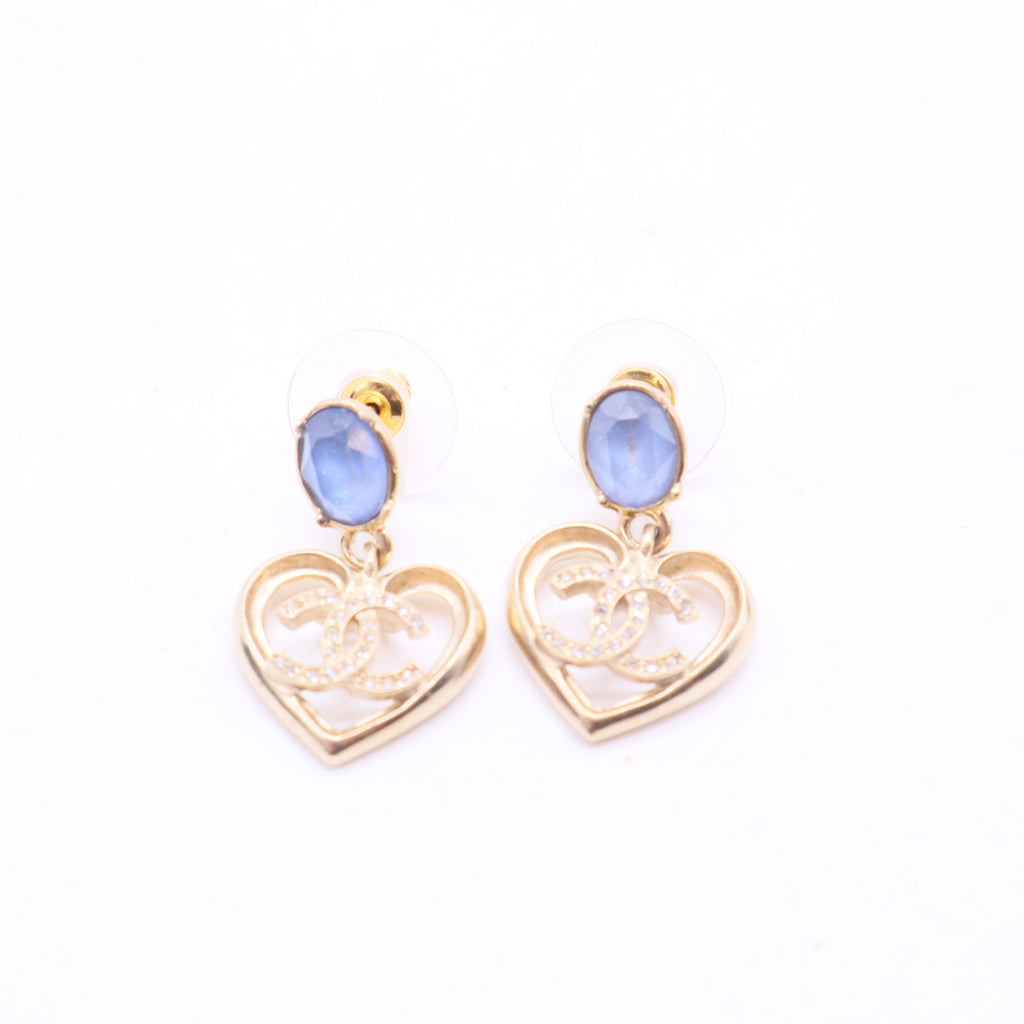 Blue and Clear Strass CC Heart Gold Metal Earrings