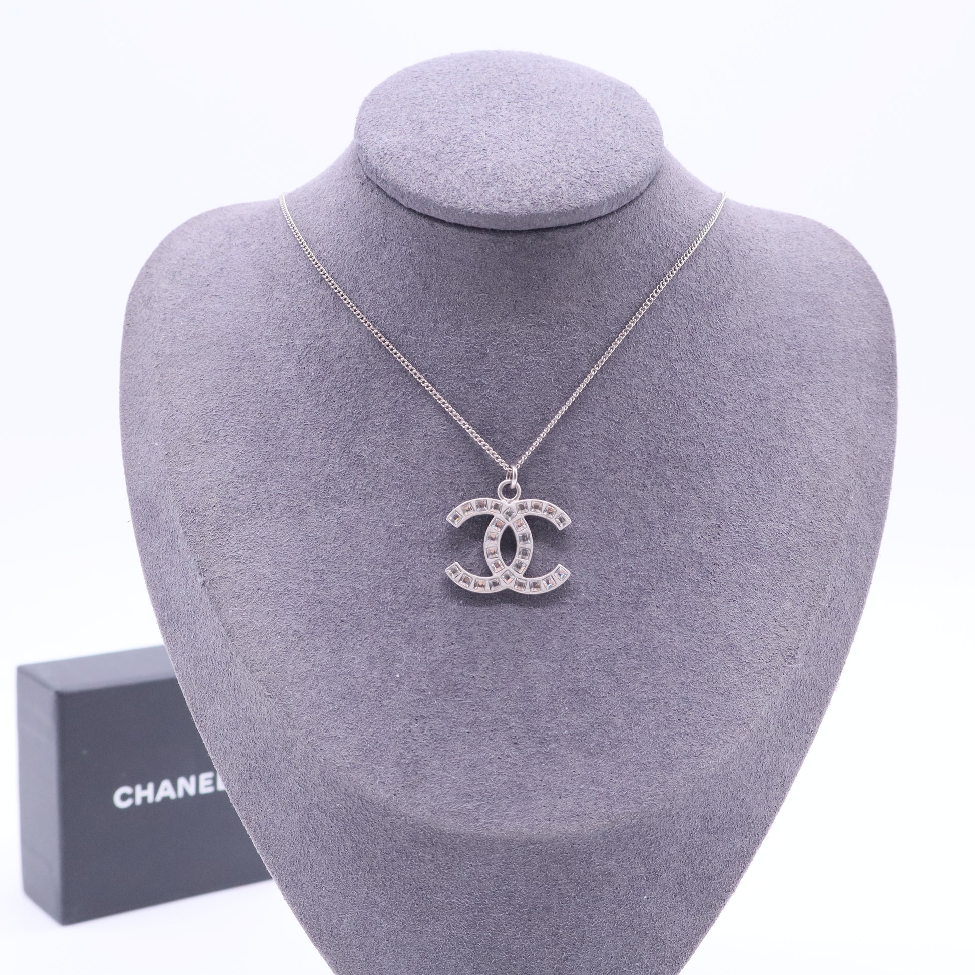 Silver Metal Crystal CC Logo Pendant Necklace