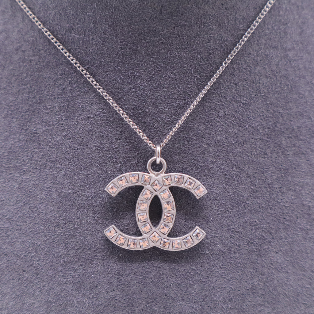 Silver Metal Crystal CC Logo Pendant Necklace