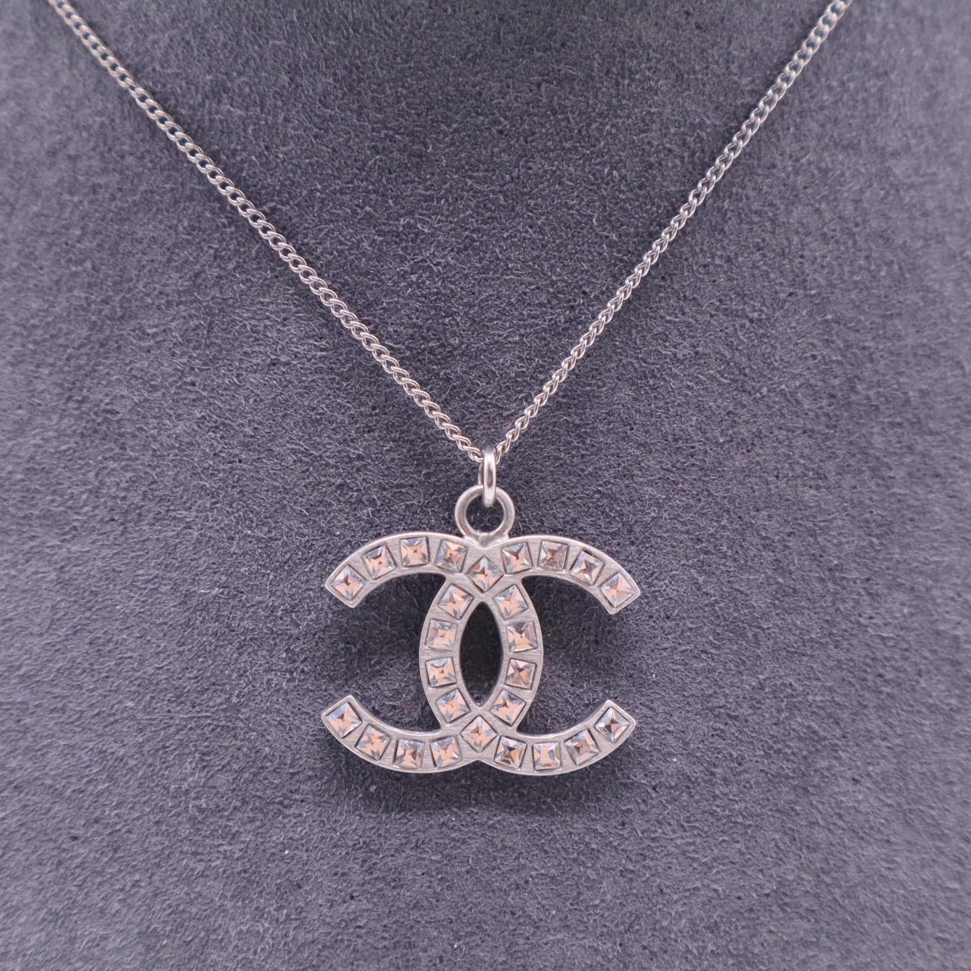 Silver Metal Crystal CC Logo Pendant Necklace