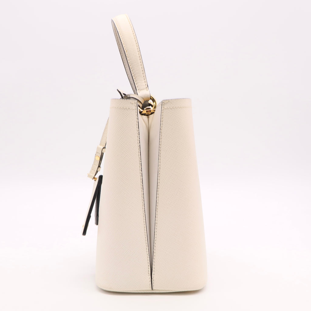 White Saffiano Leather Panier Medium Bucket Bag Twins