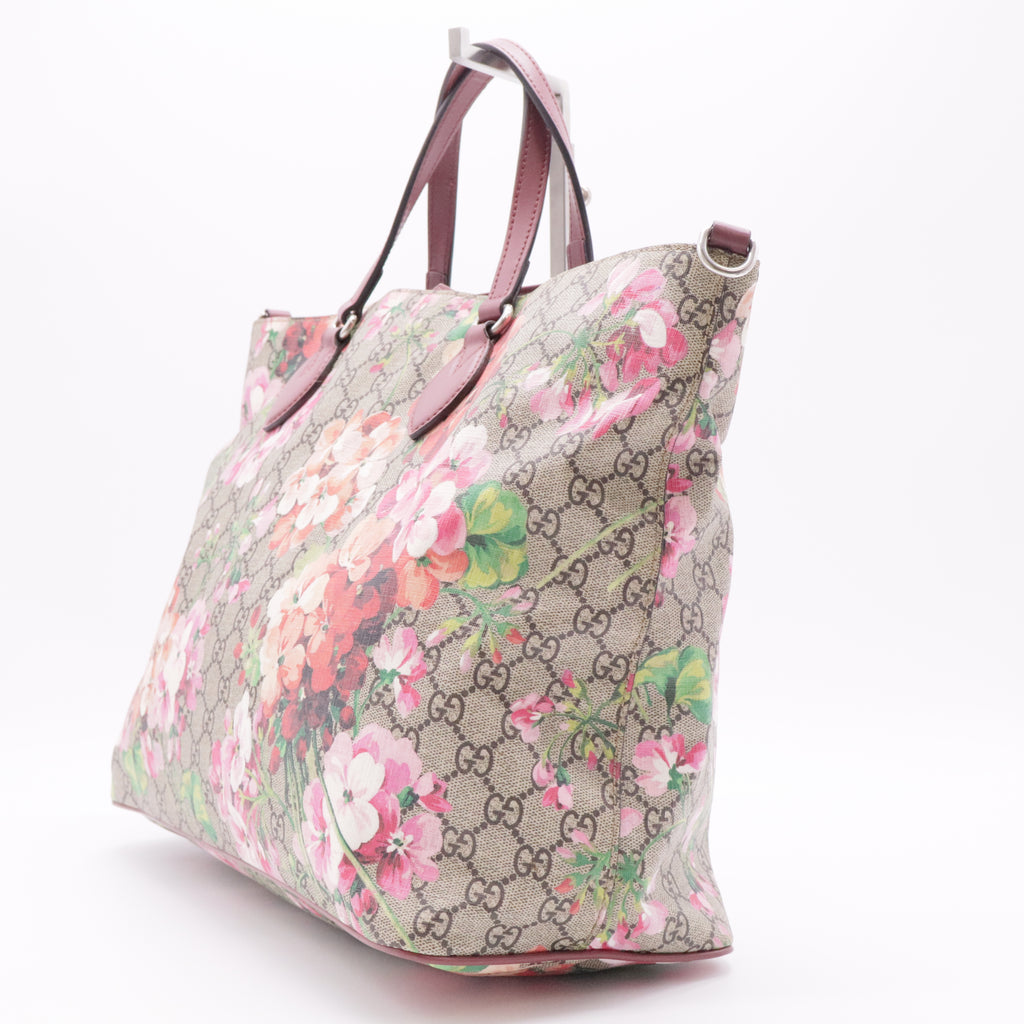 Signature Fold Over Tote Blooms Print GG Coated Canvas