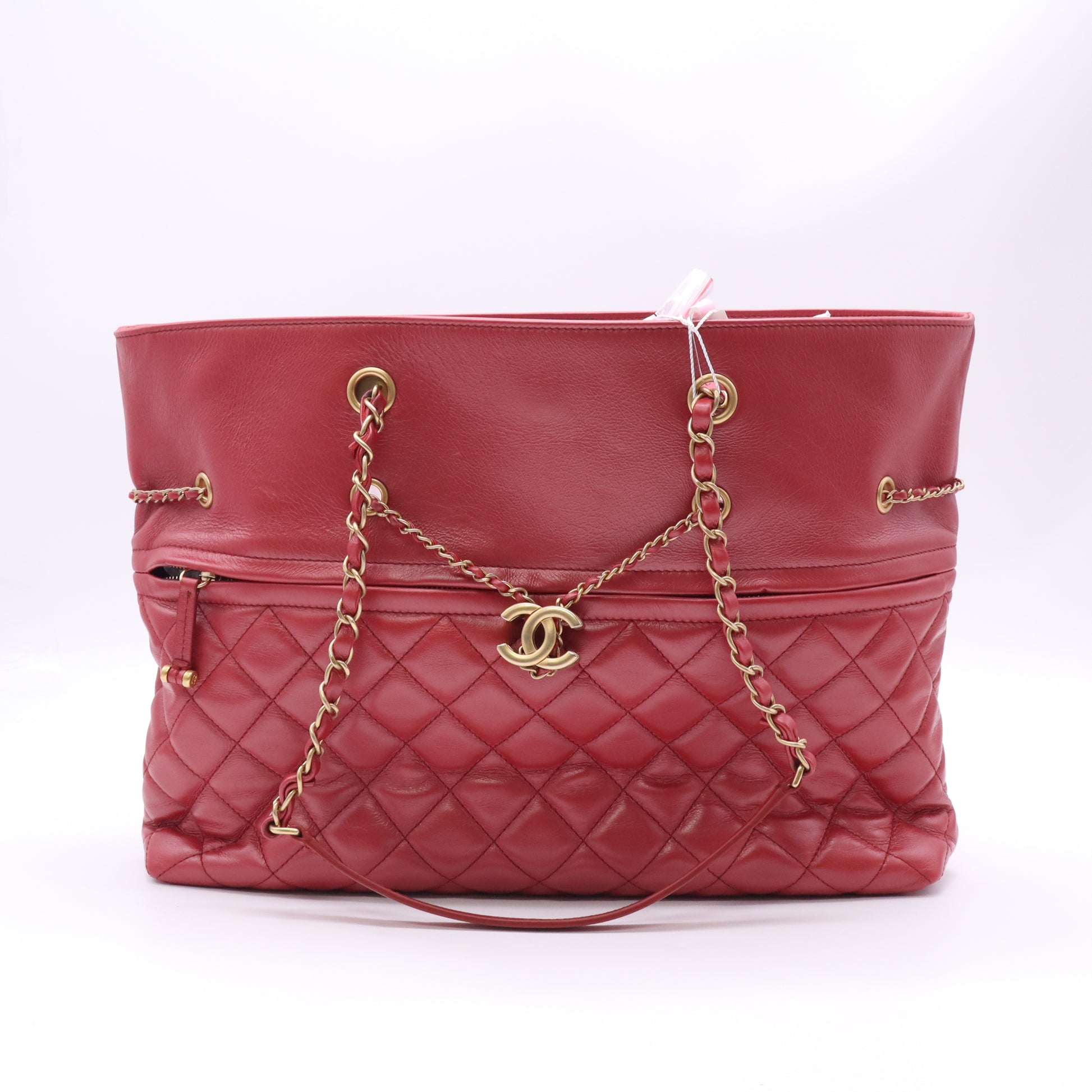 Chanel Quilted Glazed Leather Chain Drawstring Shopping Tote Bag Twins LDJ5229