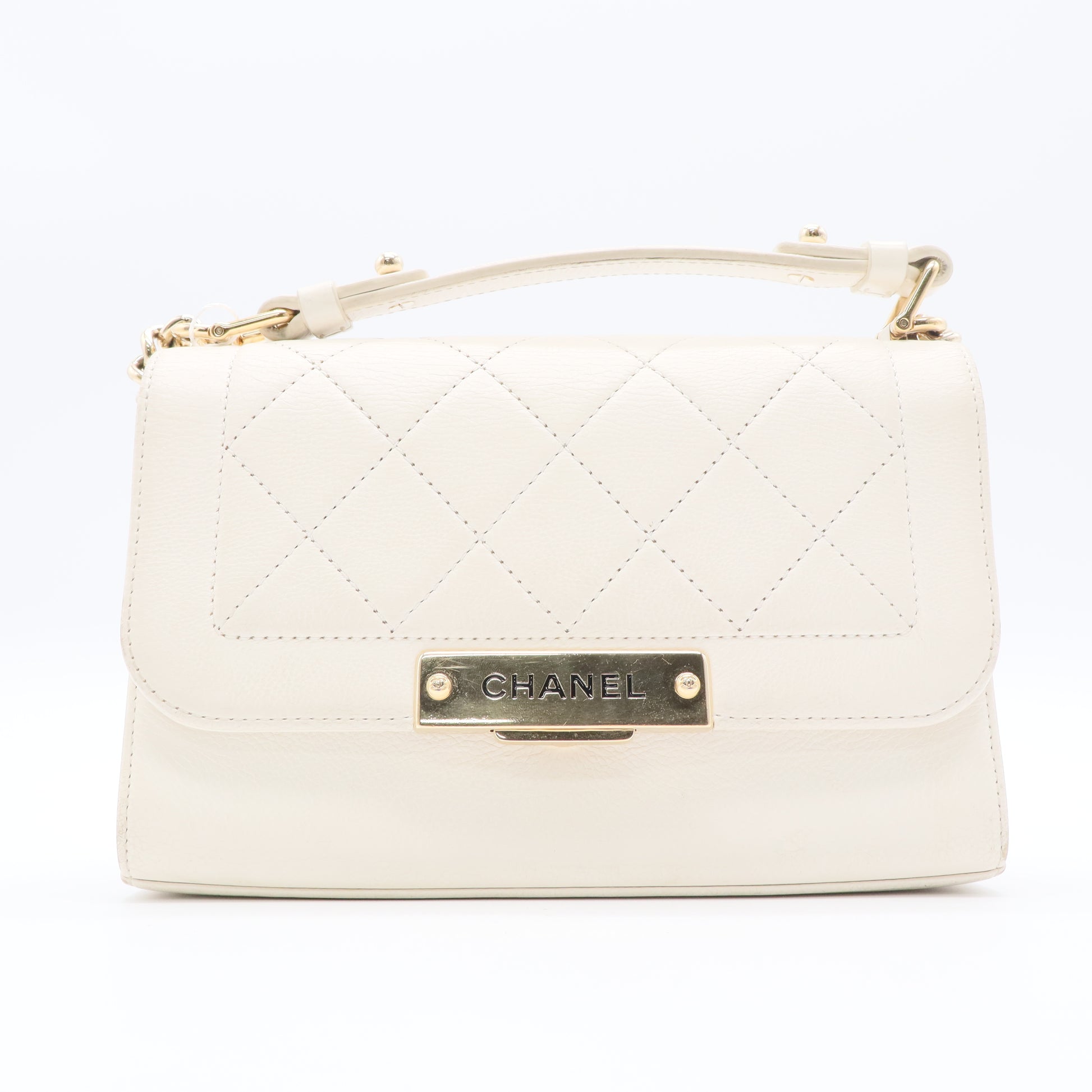 Chanel Executive Small Flap Caviar Leather Top Handle Bag Beige Twins