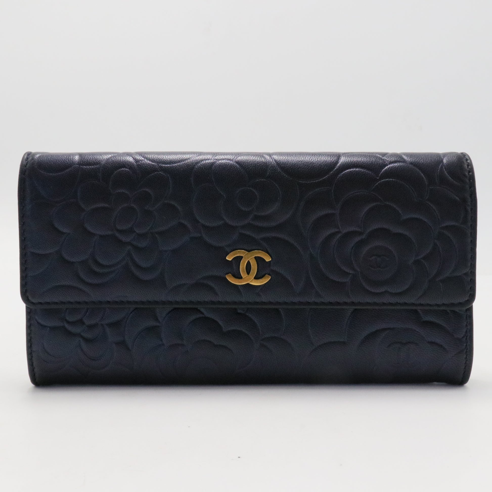 Chanel Black Leather Camellia Flap Wallet