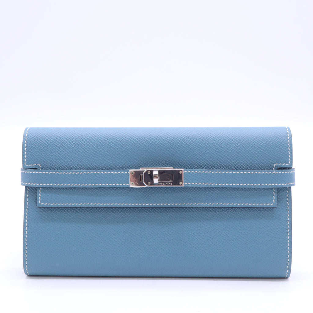 Hermes Epsom Kelly Longue Wallet Blue Jean Twins W22886