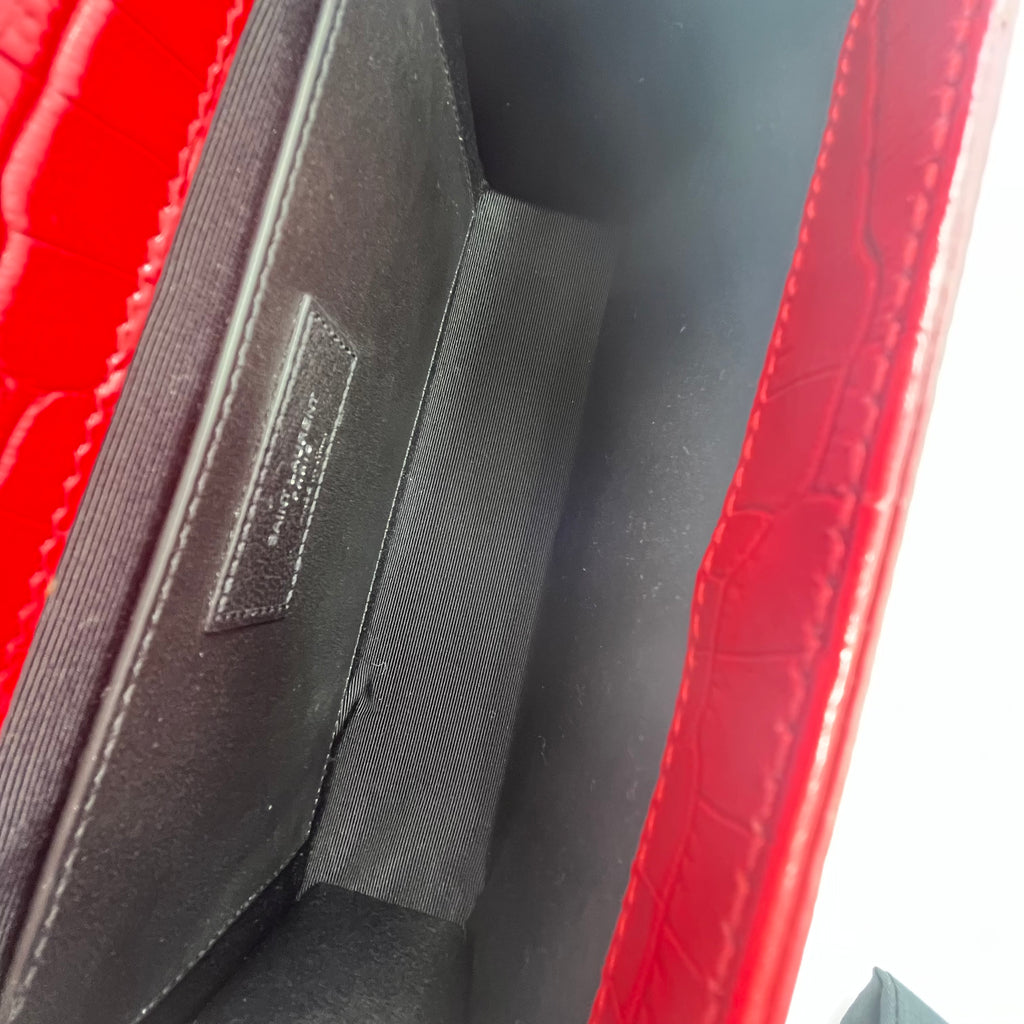 Calfskin Crocodile Embossed Medium Classic Monogram Kate Tassel Satchel Red twins