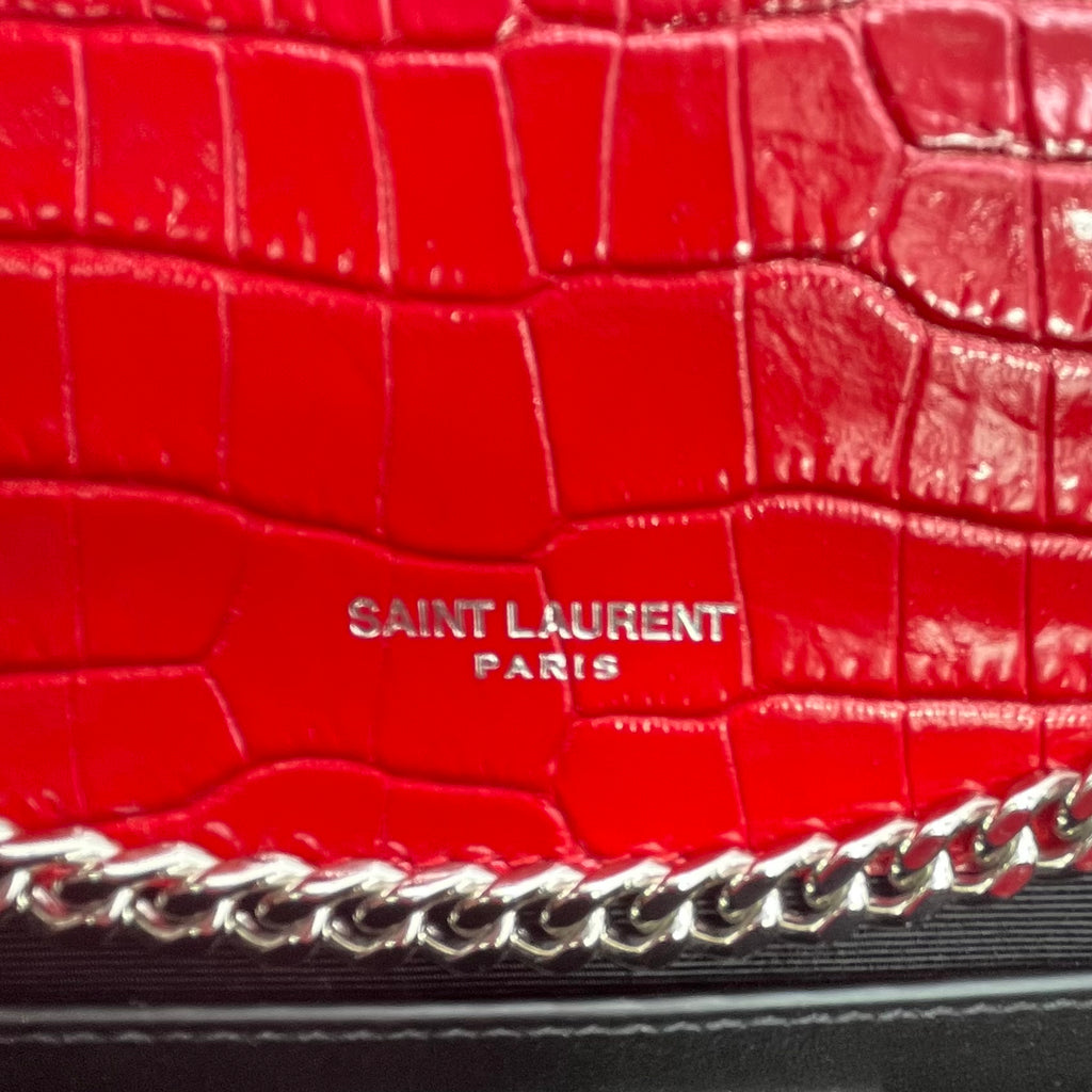 Calfskin Crocodile Embossed Medium Classic Monogram Kate Tassel Satchel Red twins