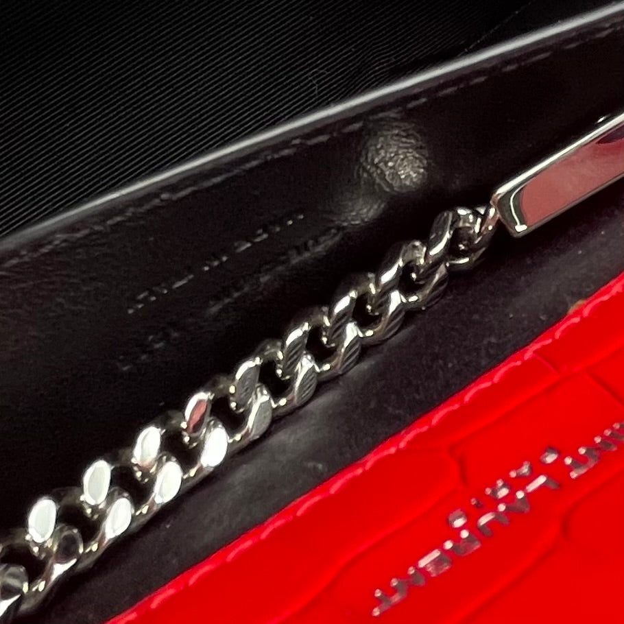 Calfskin Crocodile Embossed Medium Classic Monogram Kate Tassel Satchel Red twins