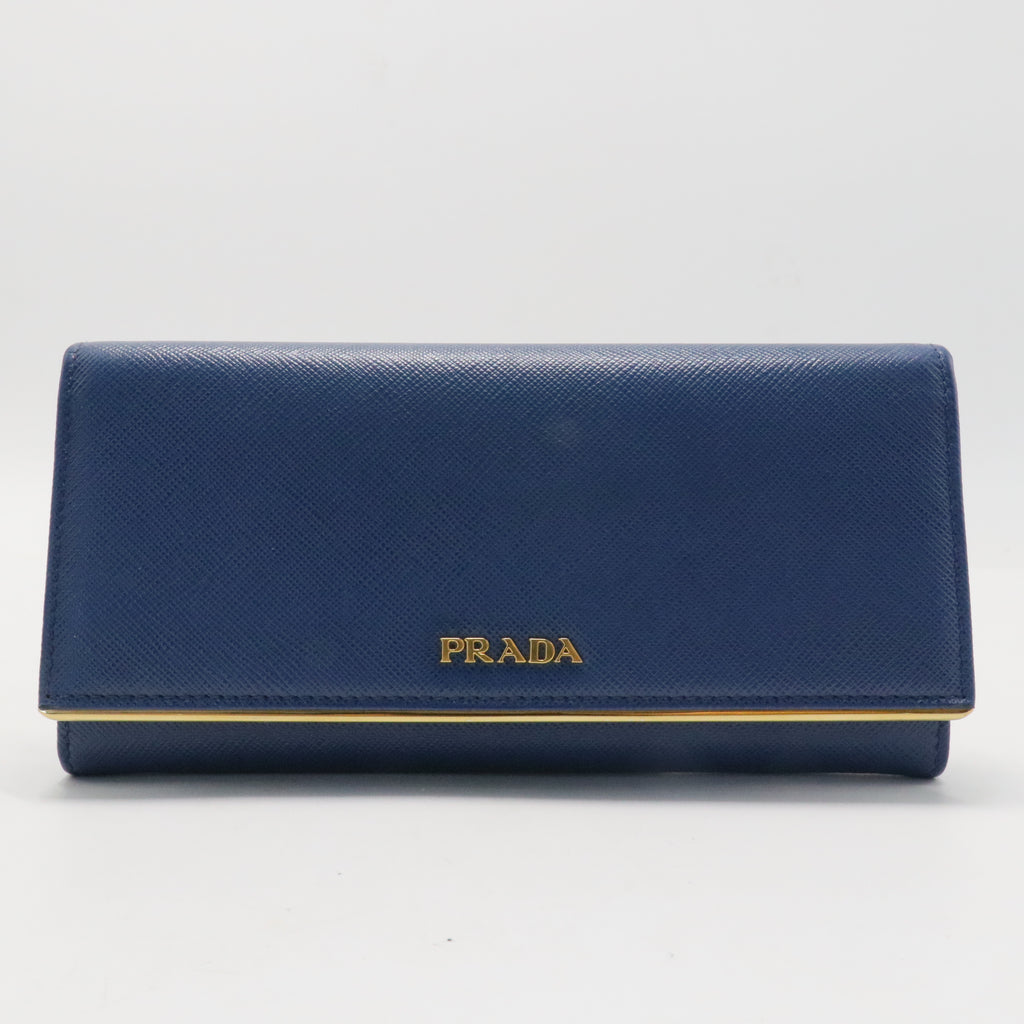Prada Blue Saffiano Lux Leather Metal Bar Flap Continental Wallet