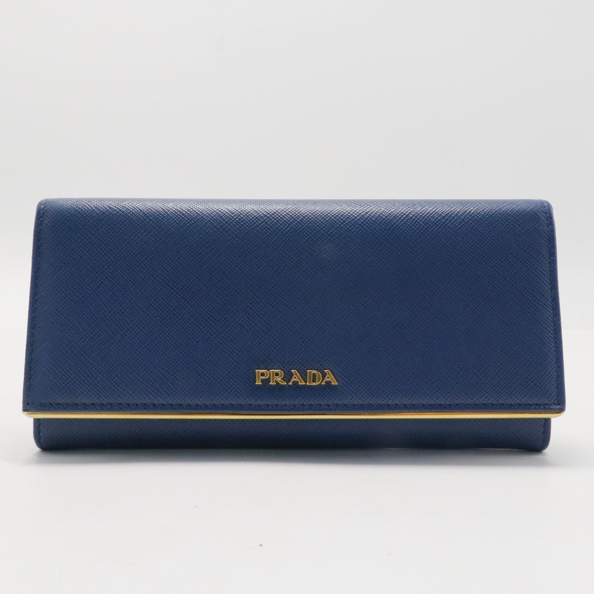 Prada Blue Saffiano Lux Leather Metal Bar Flap Continental Wallet