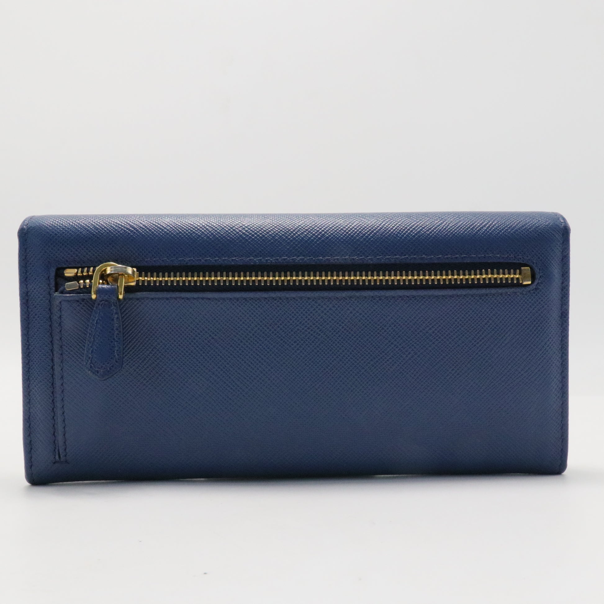 Prada Blue Saffiano Lux Leather Metal Bar Flap Continental Wallet