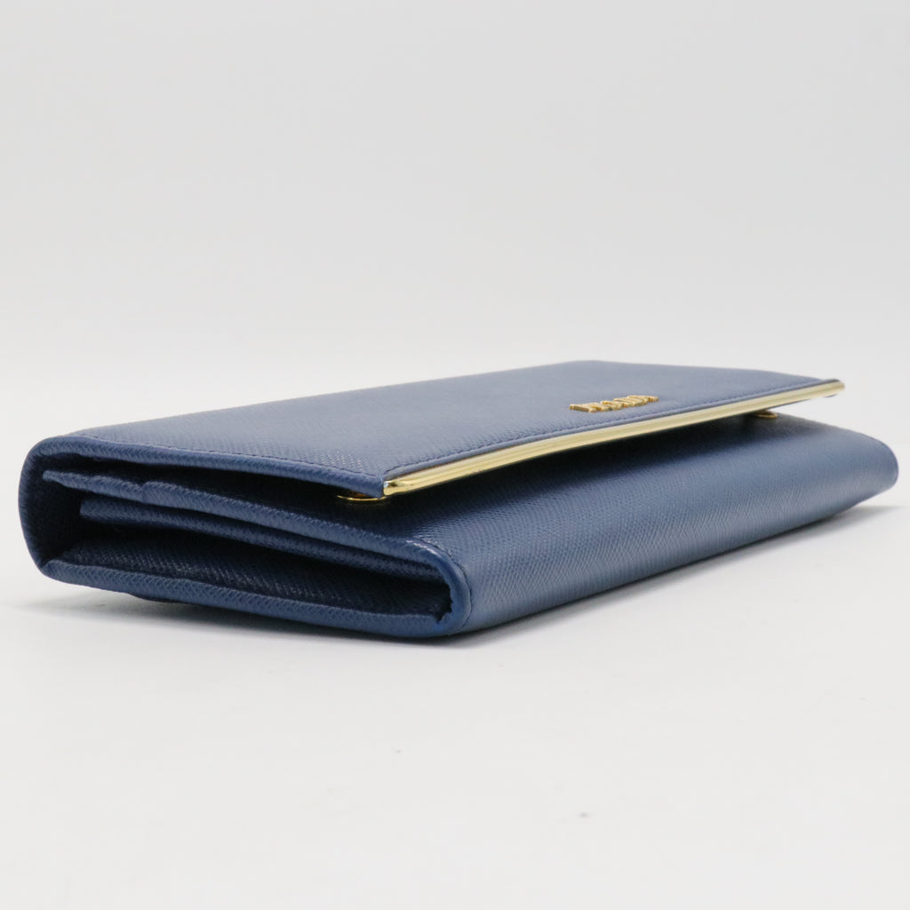 Prada Blue Saffiano Lux Leather Metal Bar Flap Continental Wallet