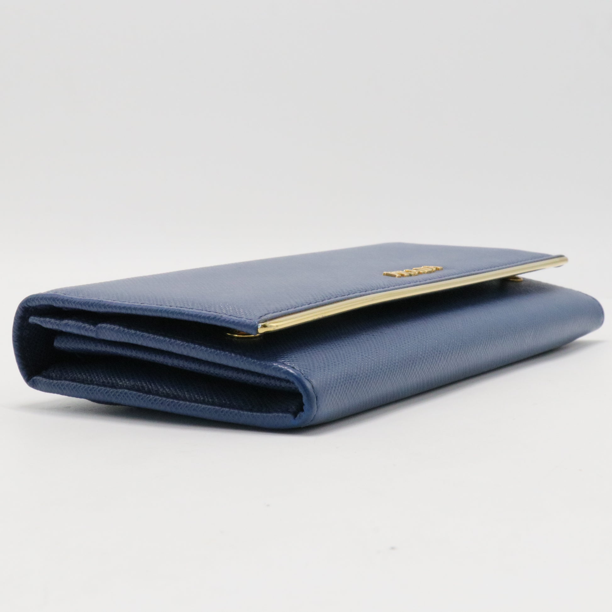 Prada Blue Saffiano Lux Leather Metal Bar Flap Continental Wallet