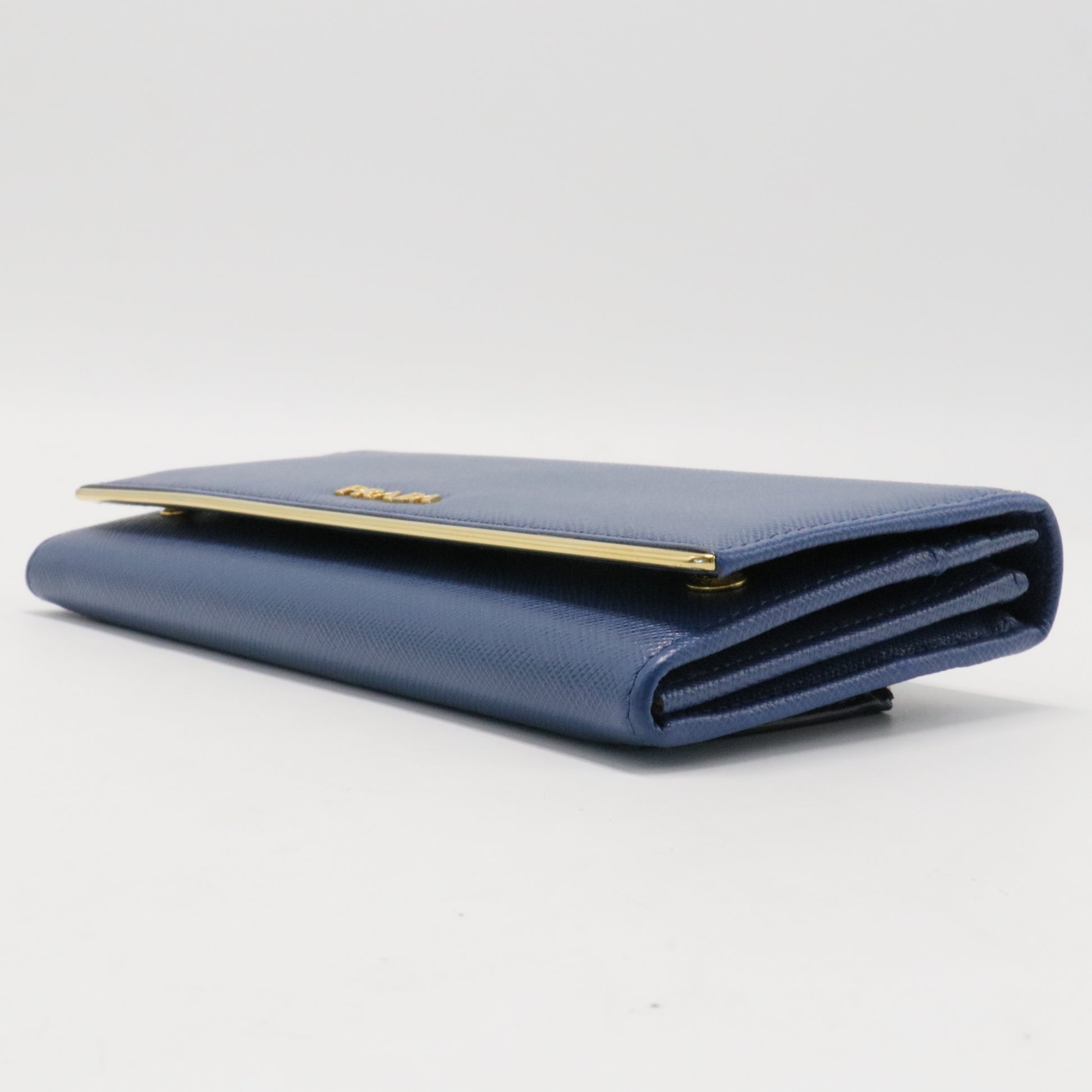 Prada Blue Saffiano Lux Leather Metal Bar Flap Continental Wallet