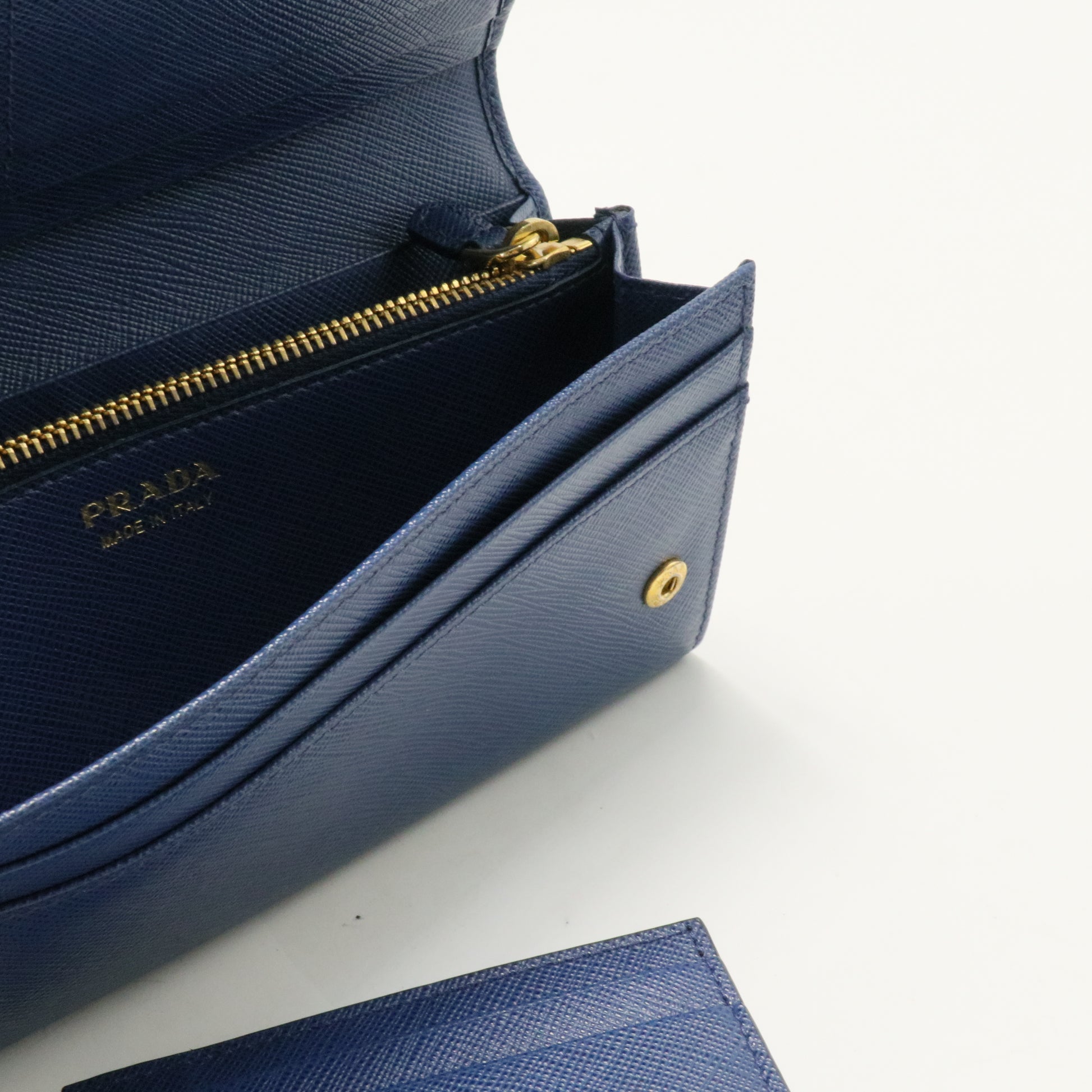 Prada Blue Saffiano Lux Leather Metal Bar Flap Continental Wallet