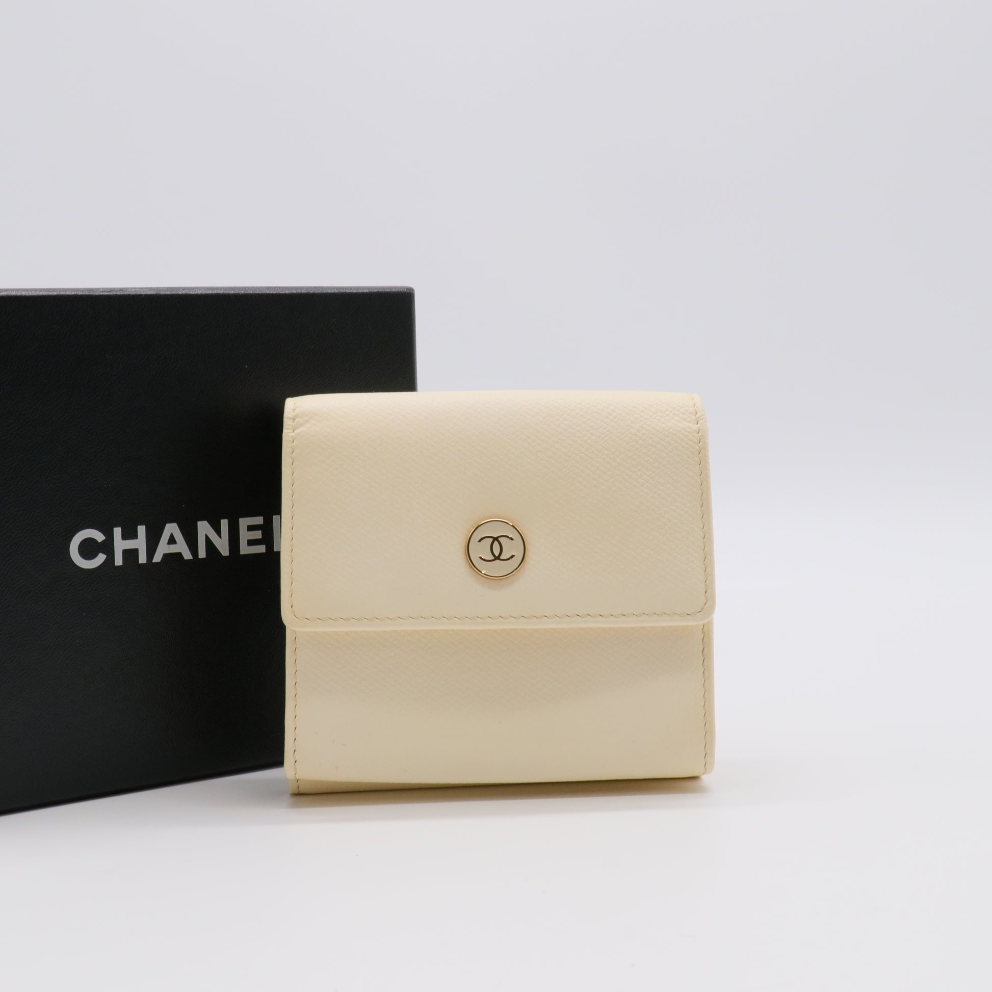 Beige Caviar Leather Coco Button Compact Wallet twins