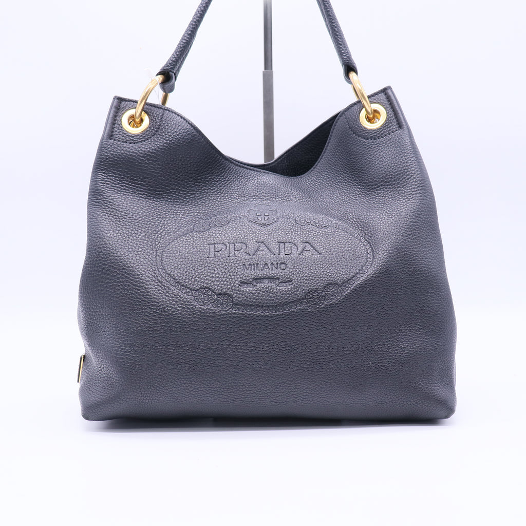 Prada Vitello Phenix Black Leather Embossed Logo Twins LDJ3786