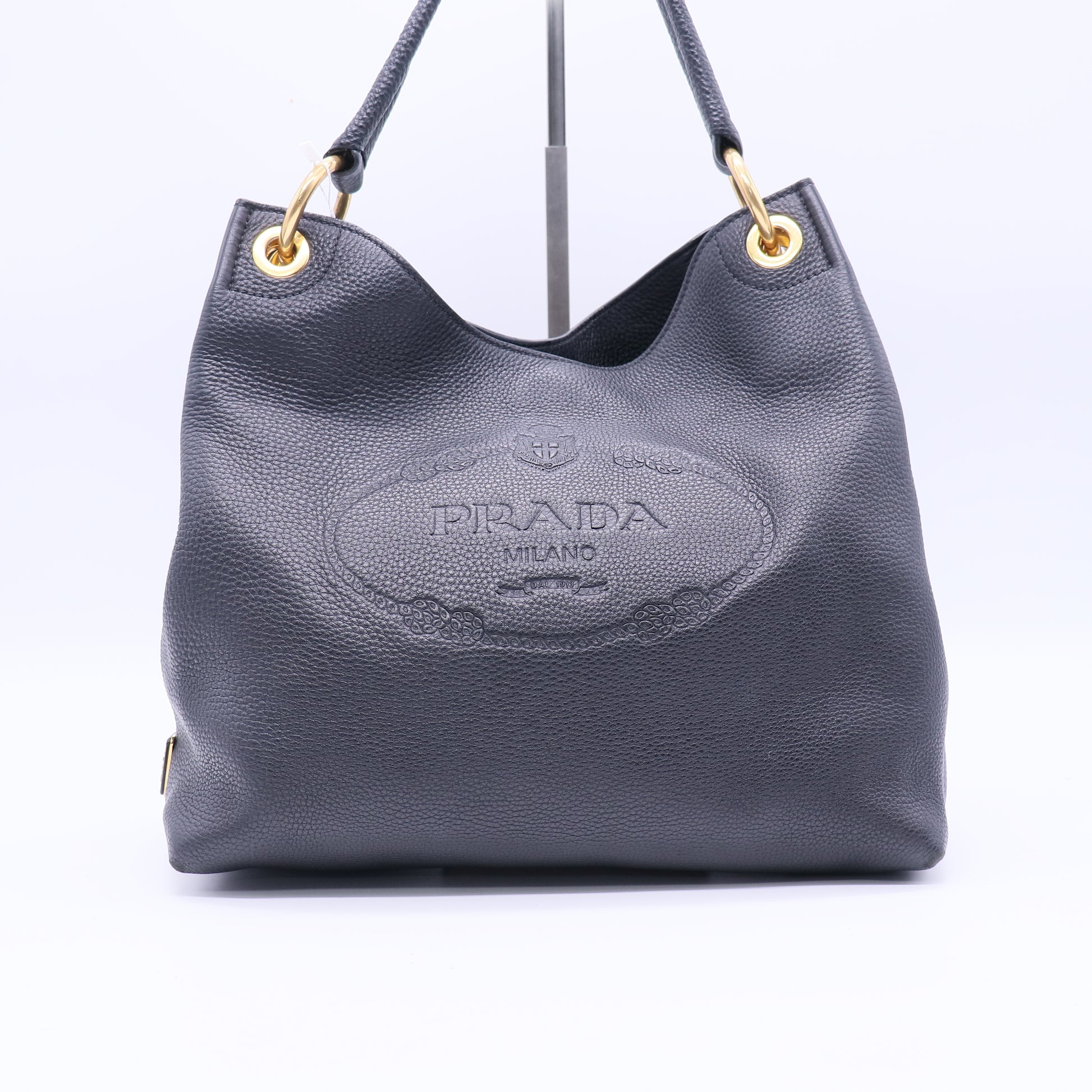 Prada Vitello Phenix Black Leather Embossed Logo Twins LDJ3786