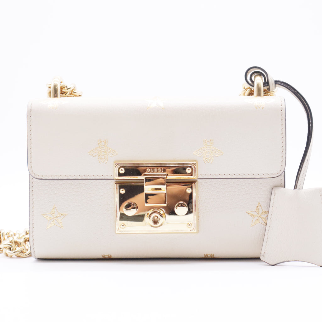 White Leather Star/Bee Small Padlock Crossbody Bag