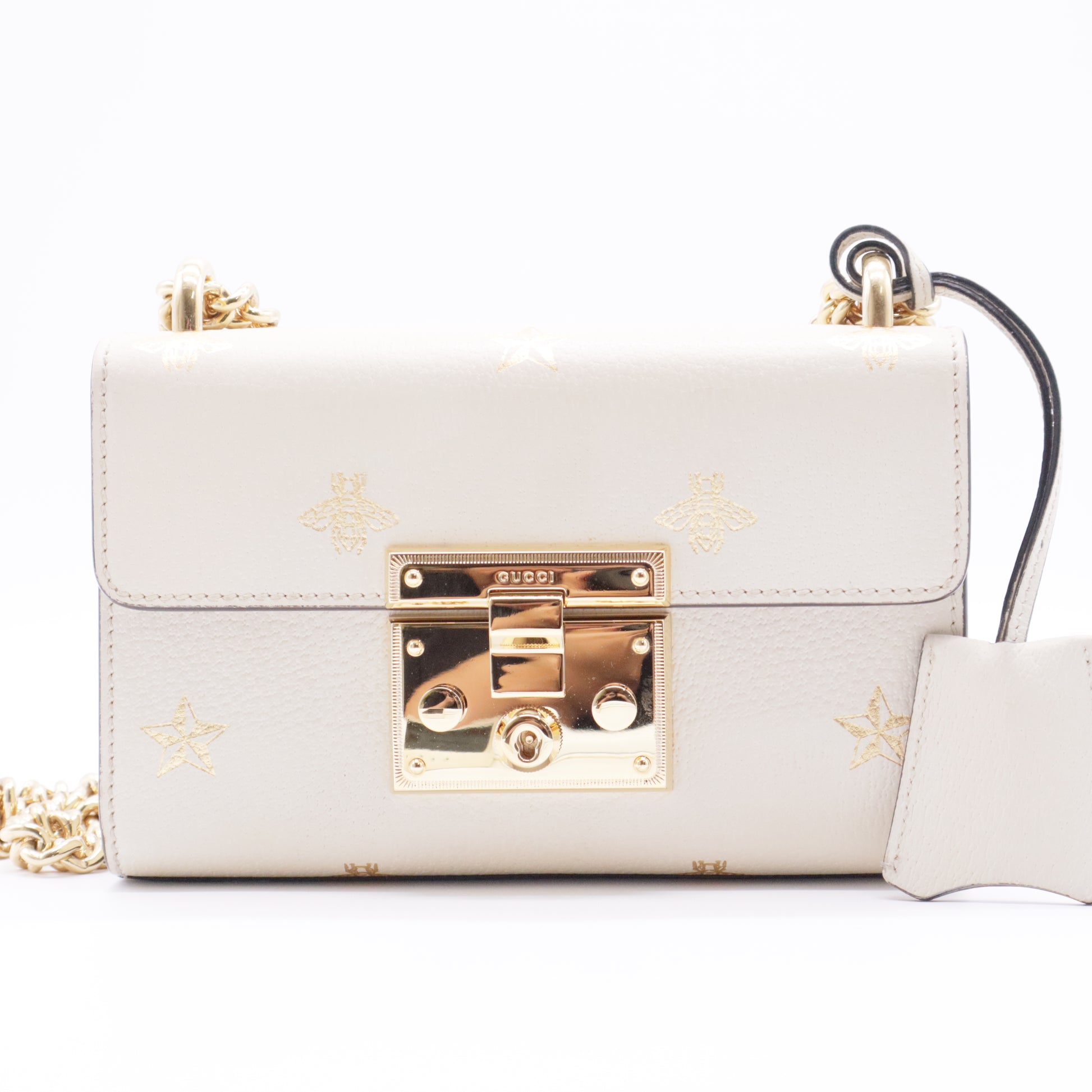 White Leather Star/Bee Small Padlock Crossbody Bag