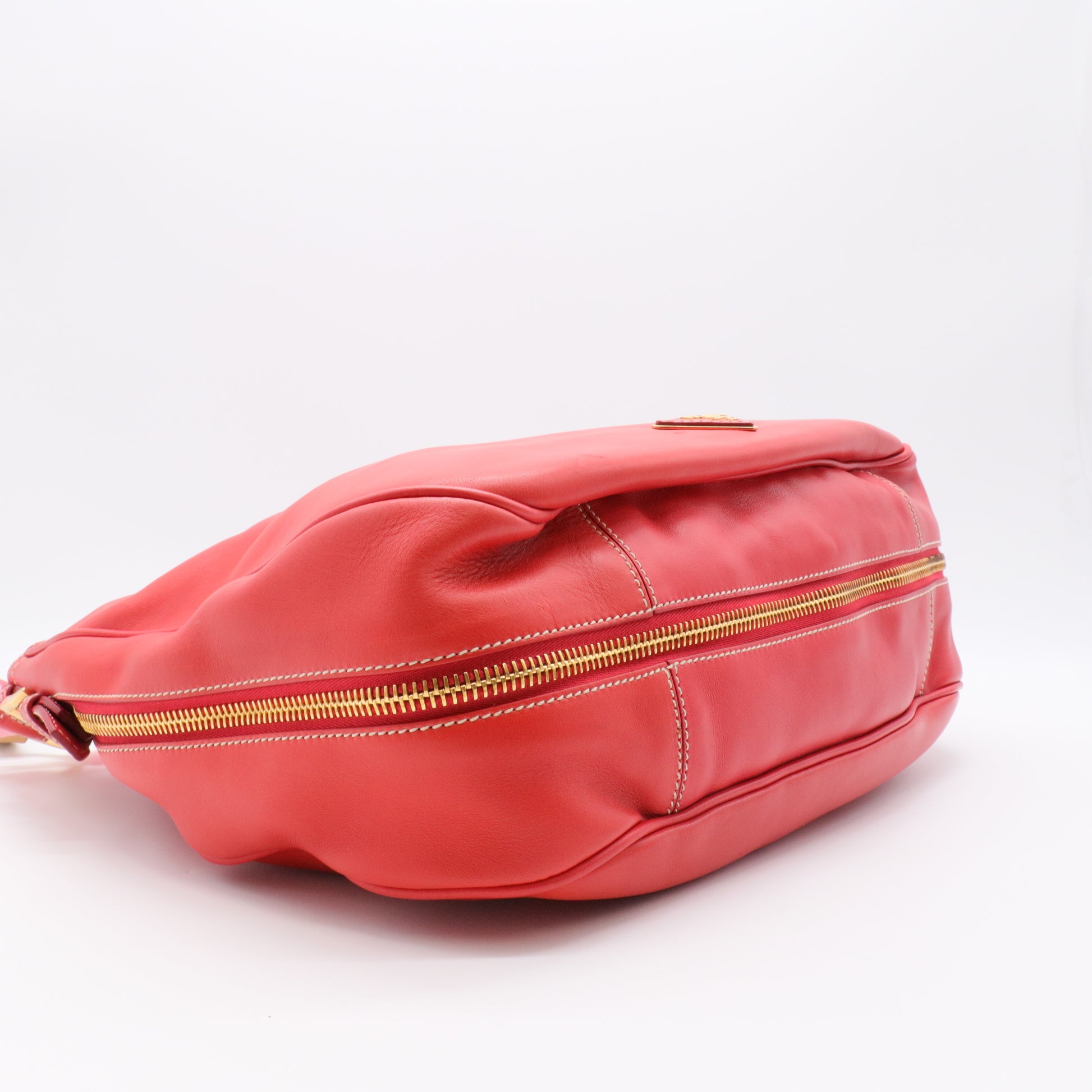 Prada Red Cervo Leather Zip Around Hobo twins