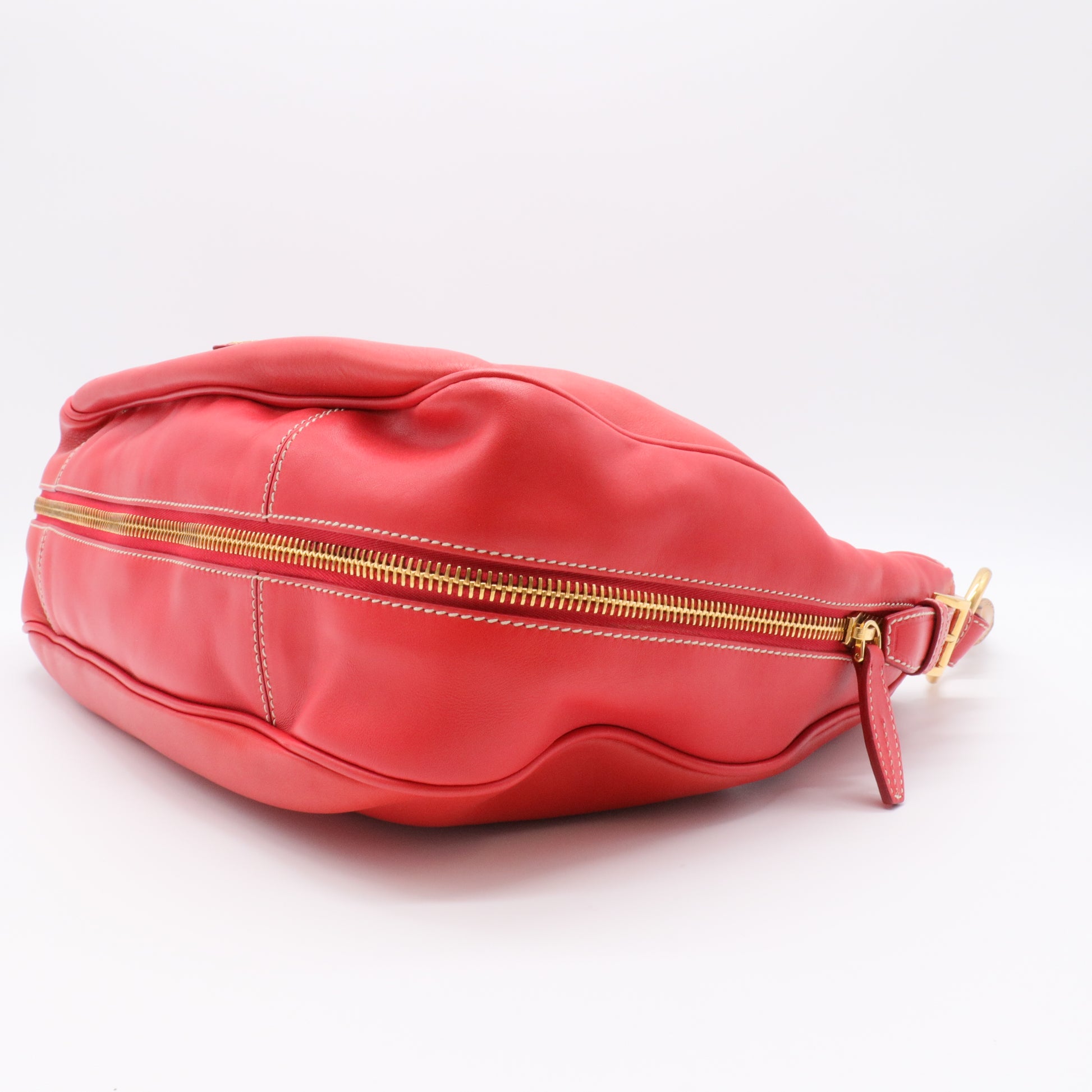 Prada Red Cervo Leather Zip Around Hobo twins