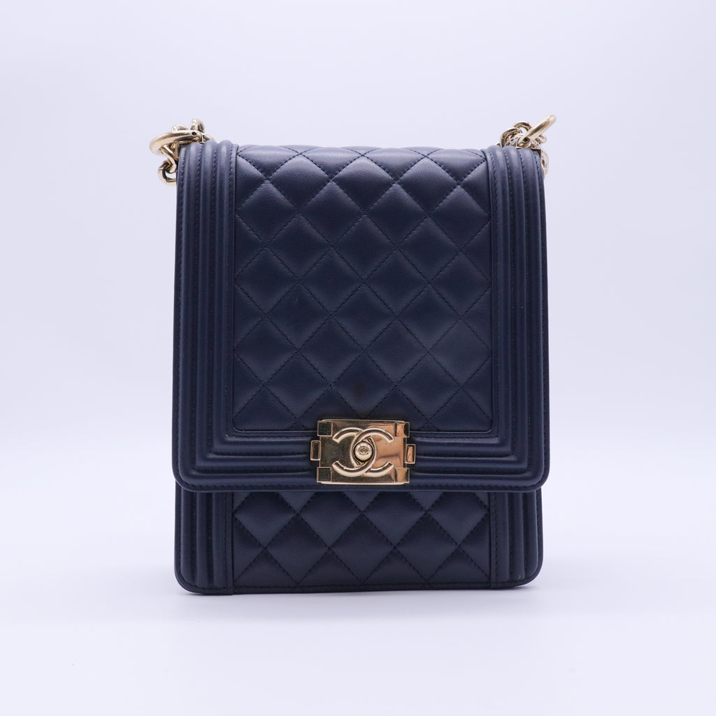 Calfskin Quilted North South Boy Flap Navy twins